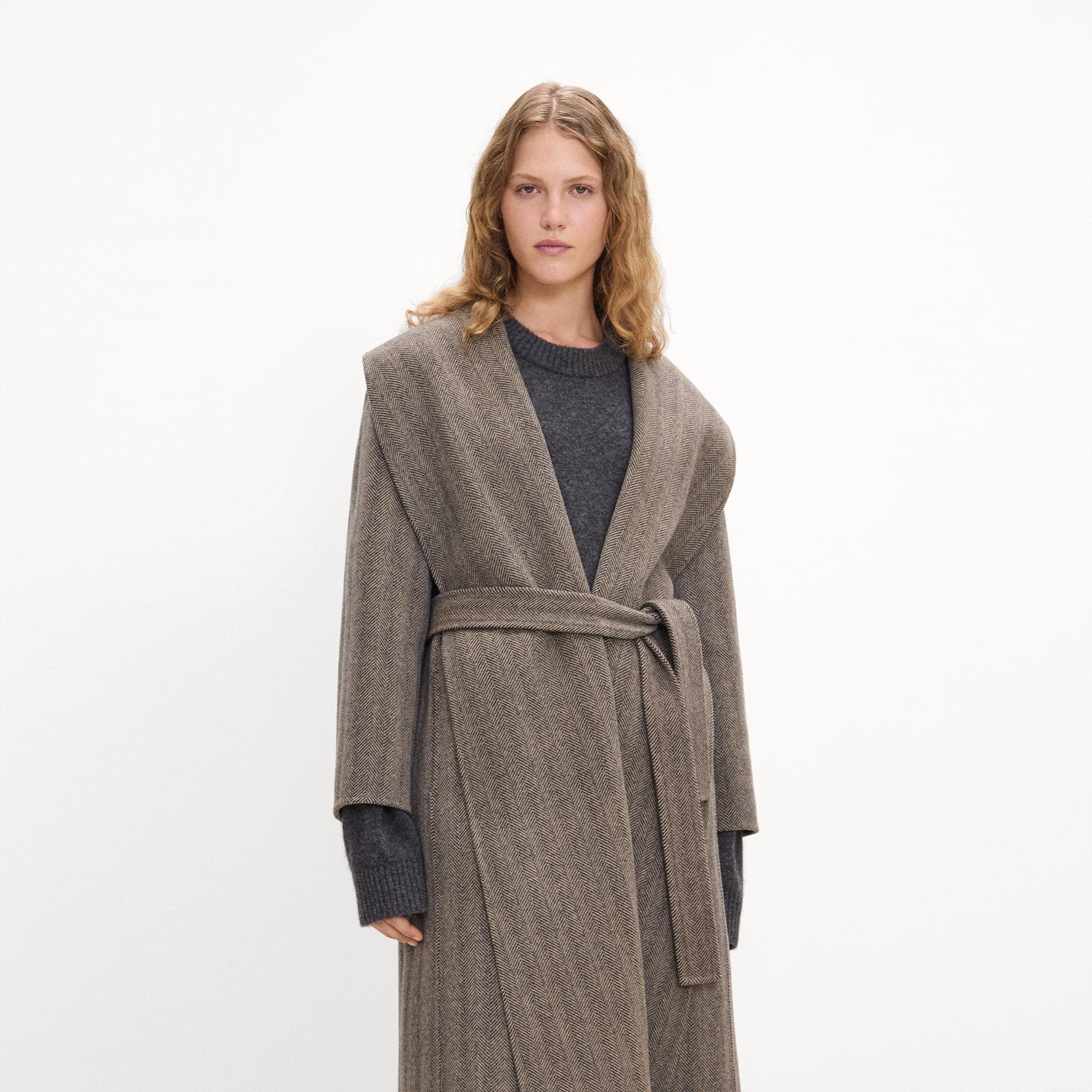 Shawl Collar Coat in Herringbone Double-Face Wool-Cashmere