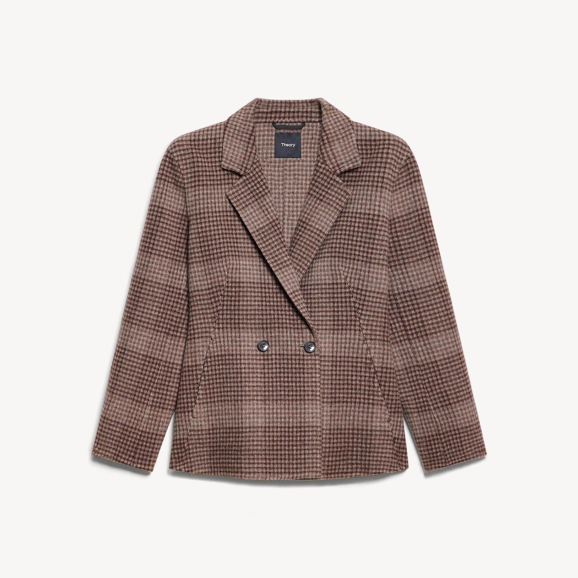Peplum Double-Breasted Blazer in Plaid Wool-Cashmere