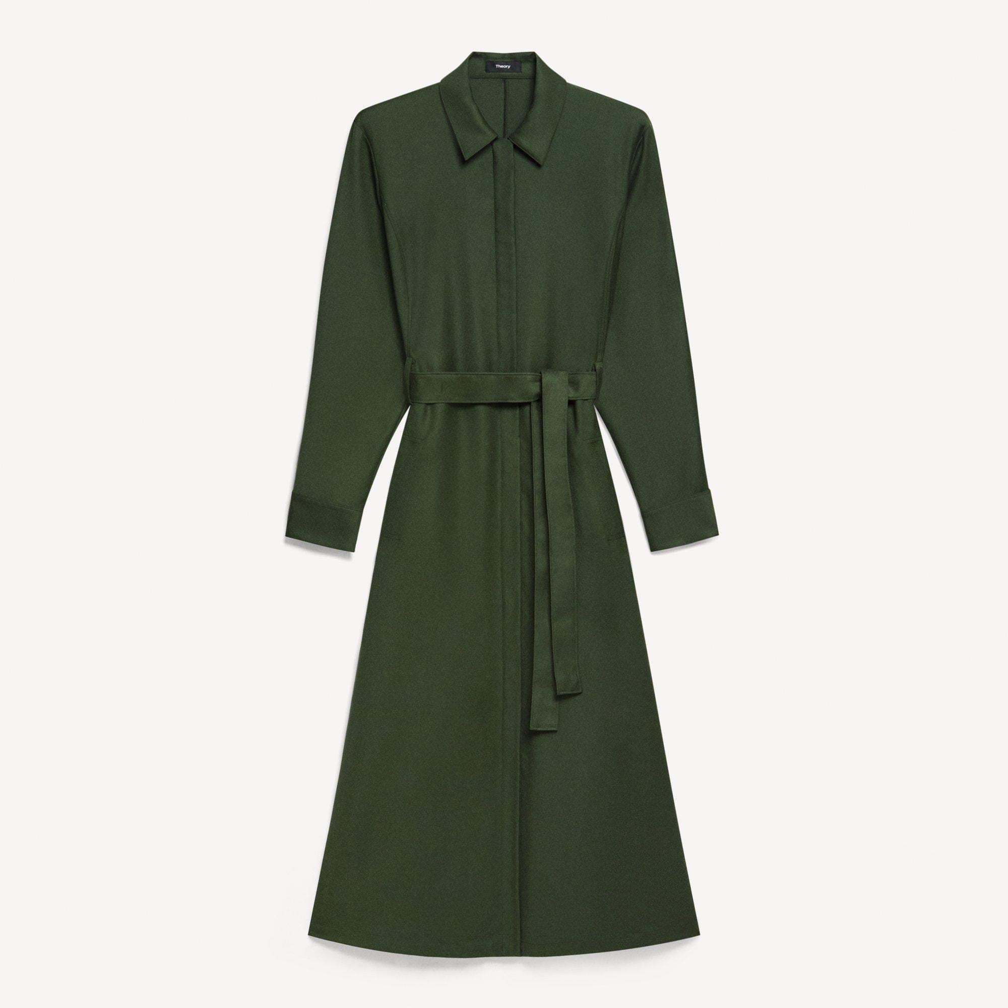 Belted Long-Sleeve Shirt Dress in Sleek Flannel