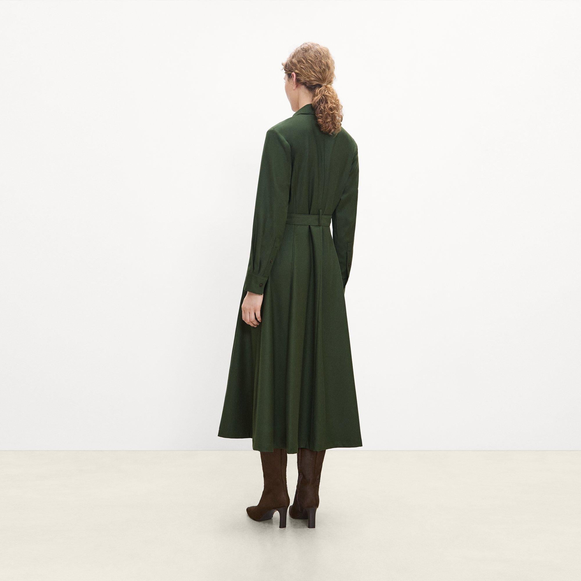 Belted Long-Sleeve Shirt Dress in Sleek Flannel
