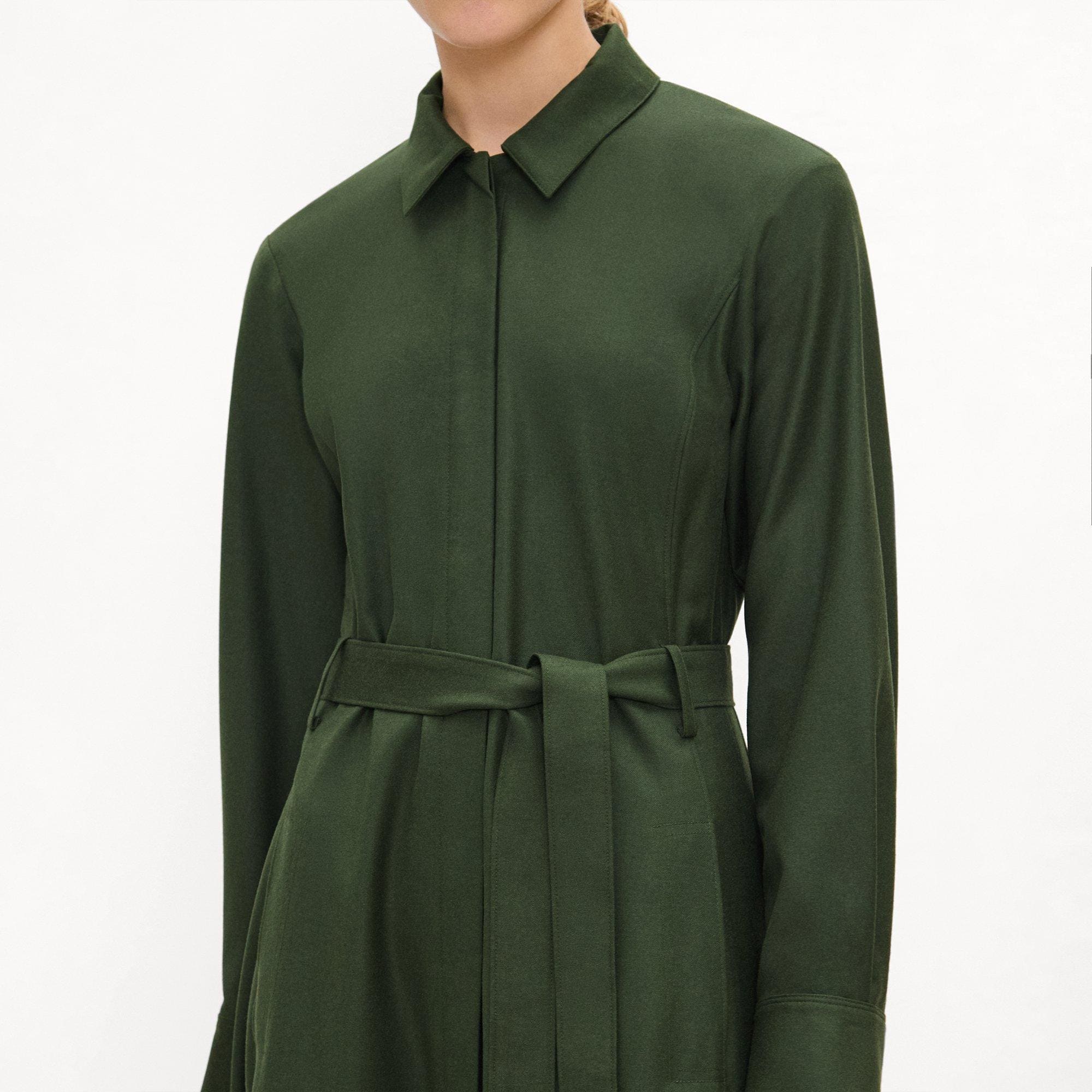 Belted Long-Sleeve Shirt Dress in Sleek Flannel