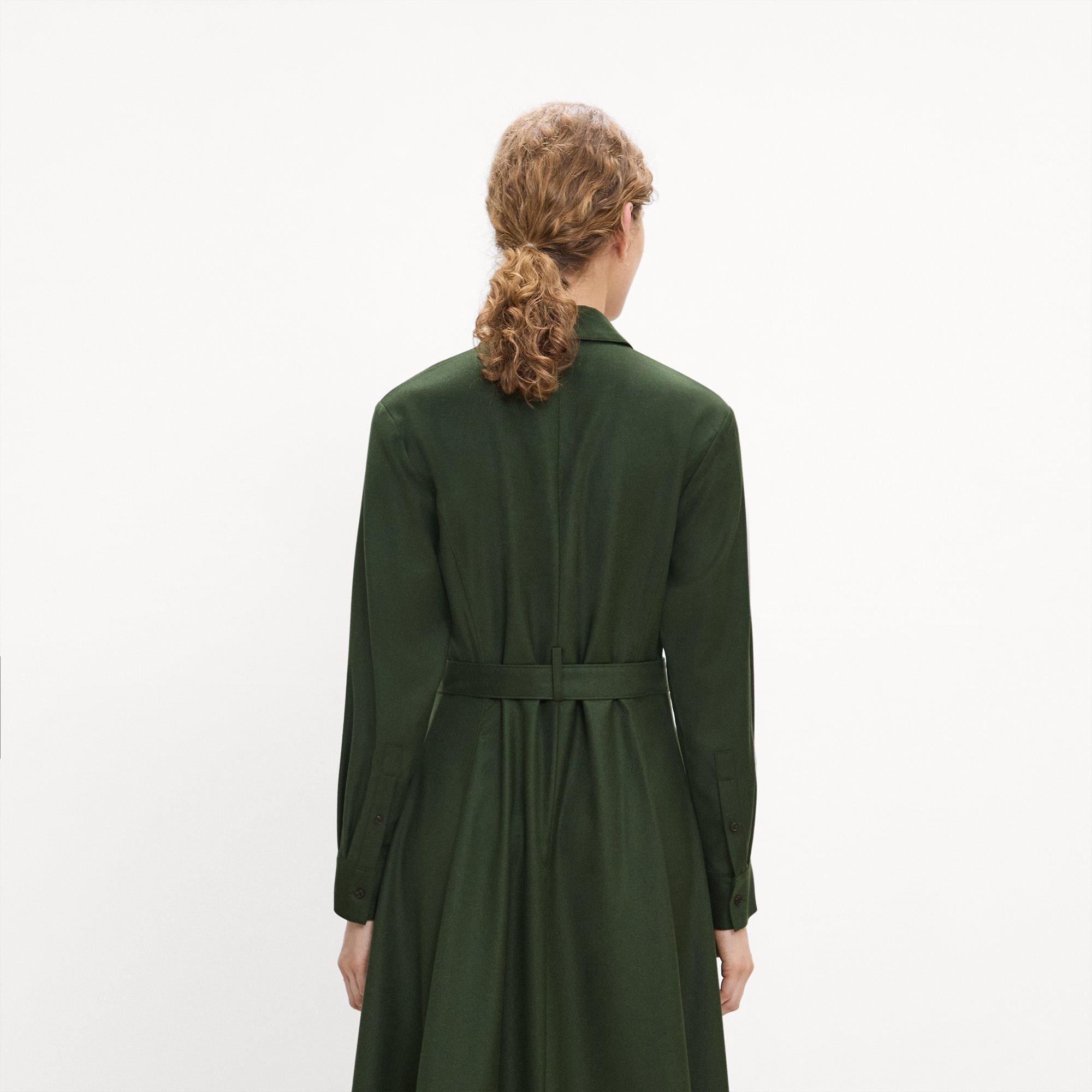 Belted Long-Sleeve Shirt Dress in Sleek Flannel