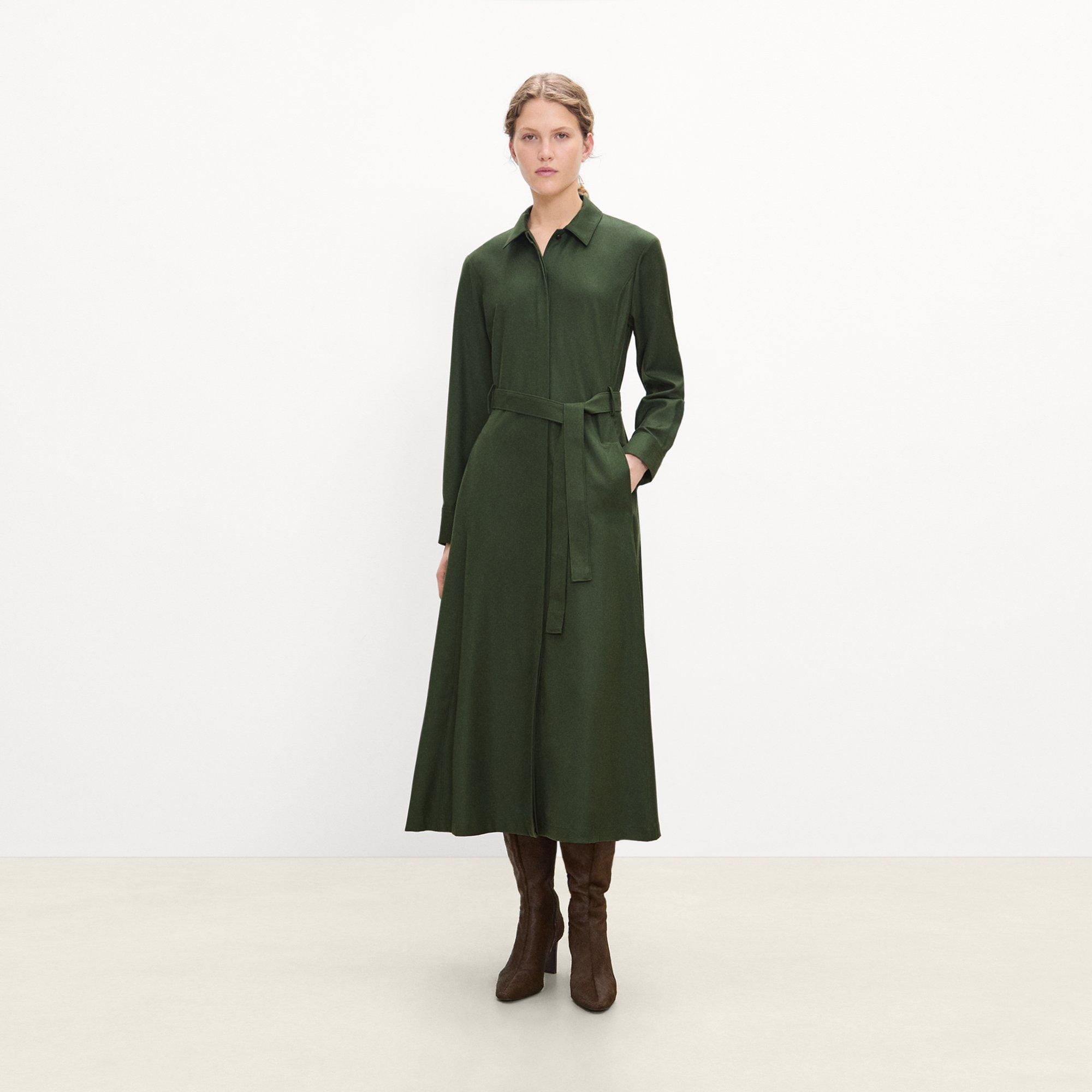 Belted Long-Sleeve Shirt Dress in Sleek Flannel