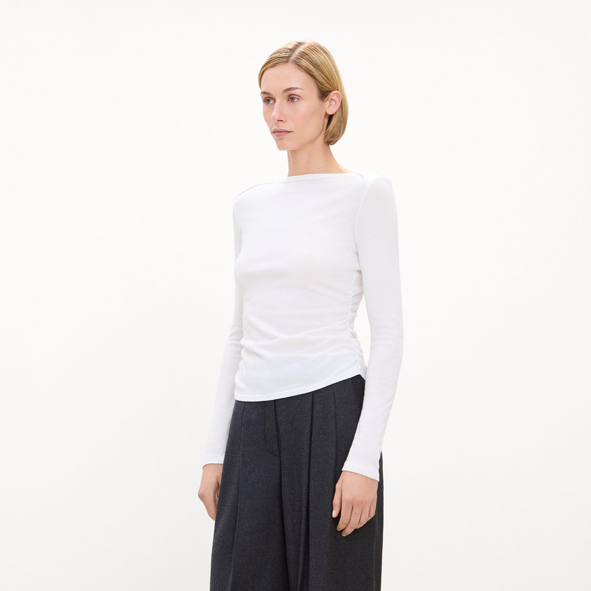Ruched Long-Sleeve Tee in Soft Rib