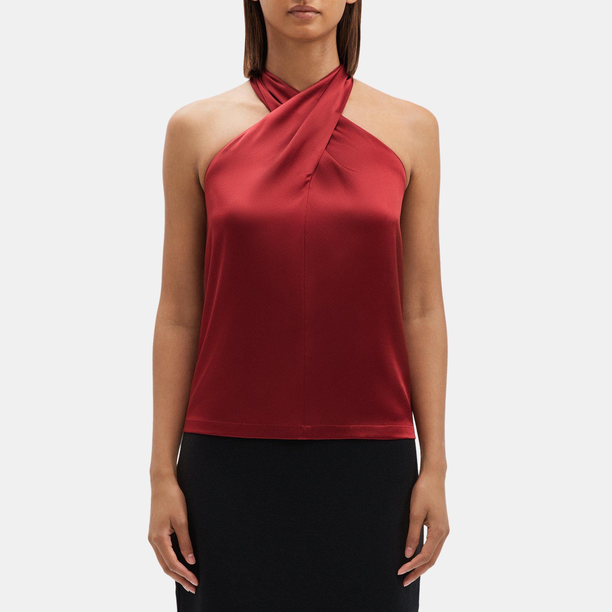 띠어리 Theory Cross-Front Halter Top in Stretch Satin,RED DAHLIA