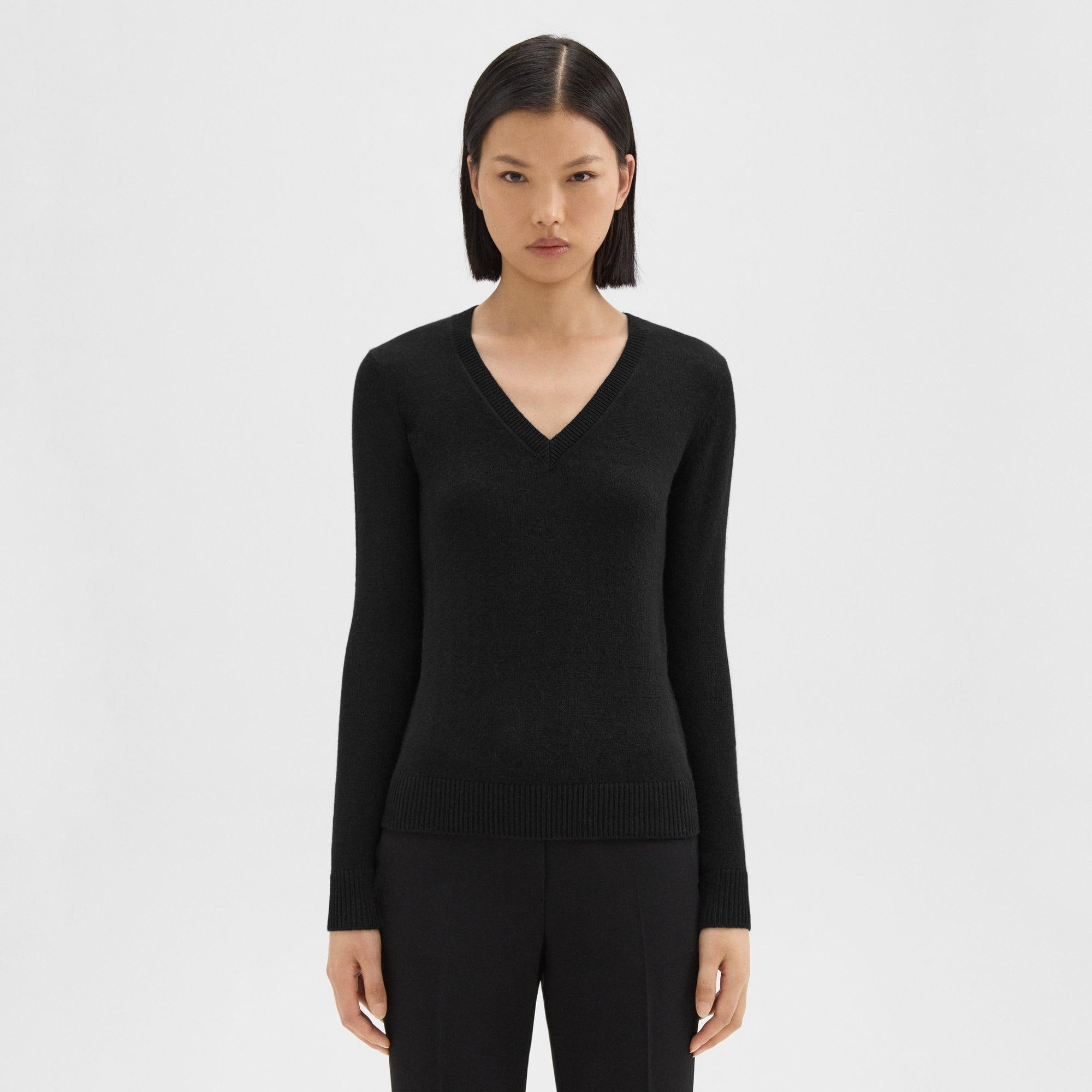 띠어리 Theory V-Neck Sweater in Feather Cashmere,BLACK