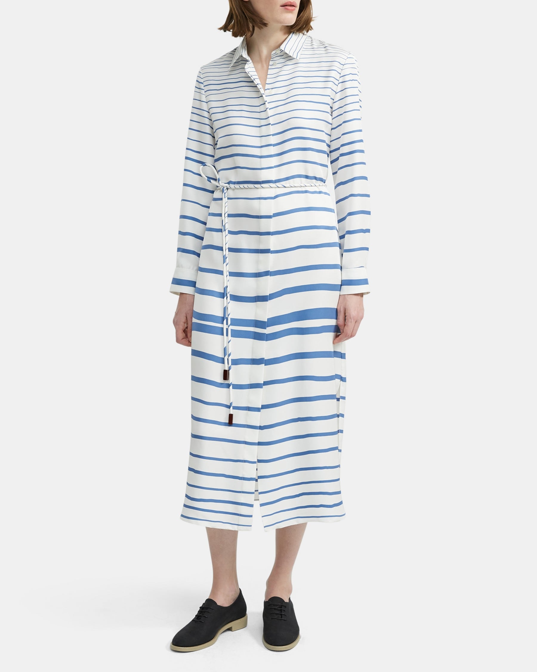 Theory Belted Shirtdress in Striped Silk