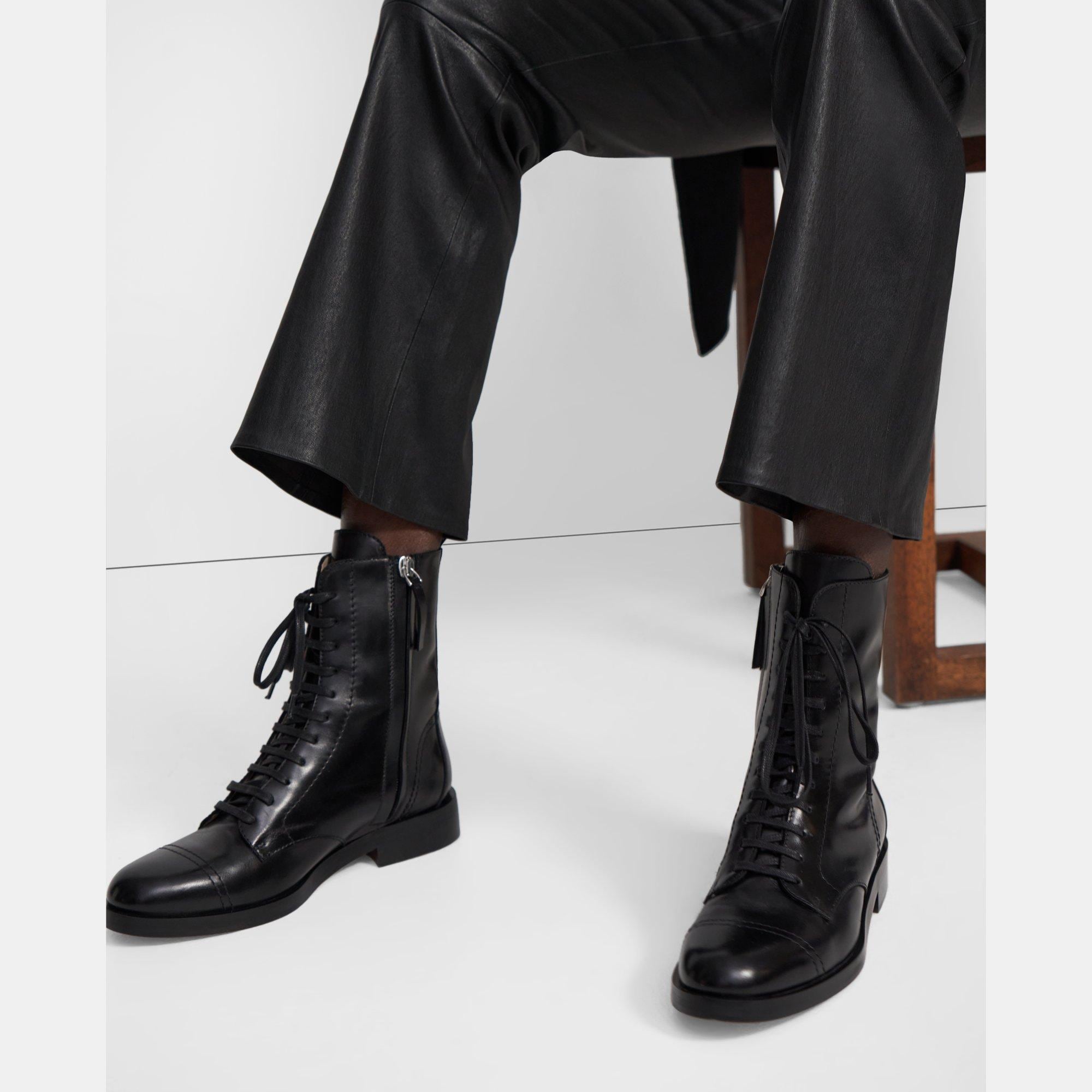 띠어리 Theory Laced Boot in Satin Leather,BLACK