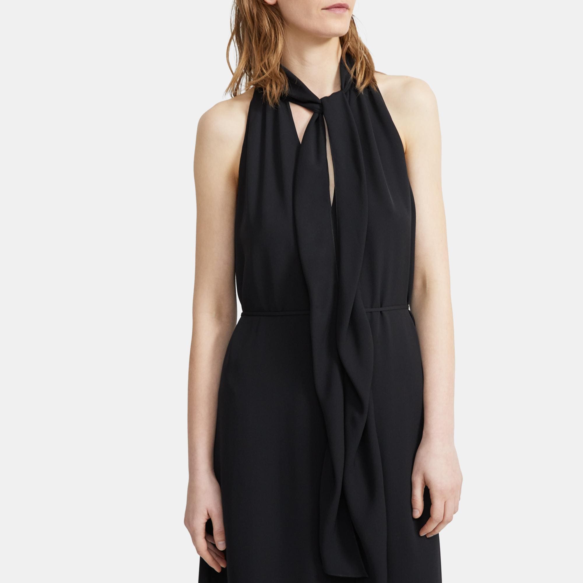 Black Halter-neck High Collar Scarf Silk Dress – SILKROSE