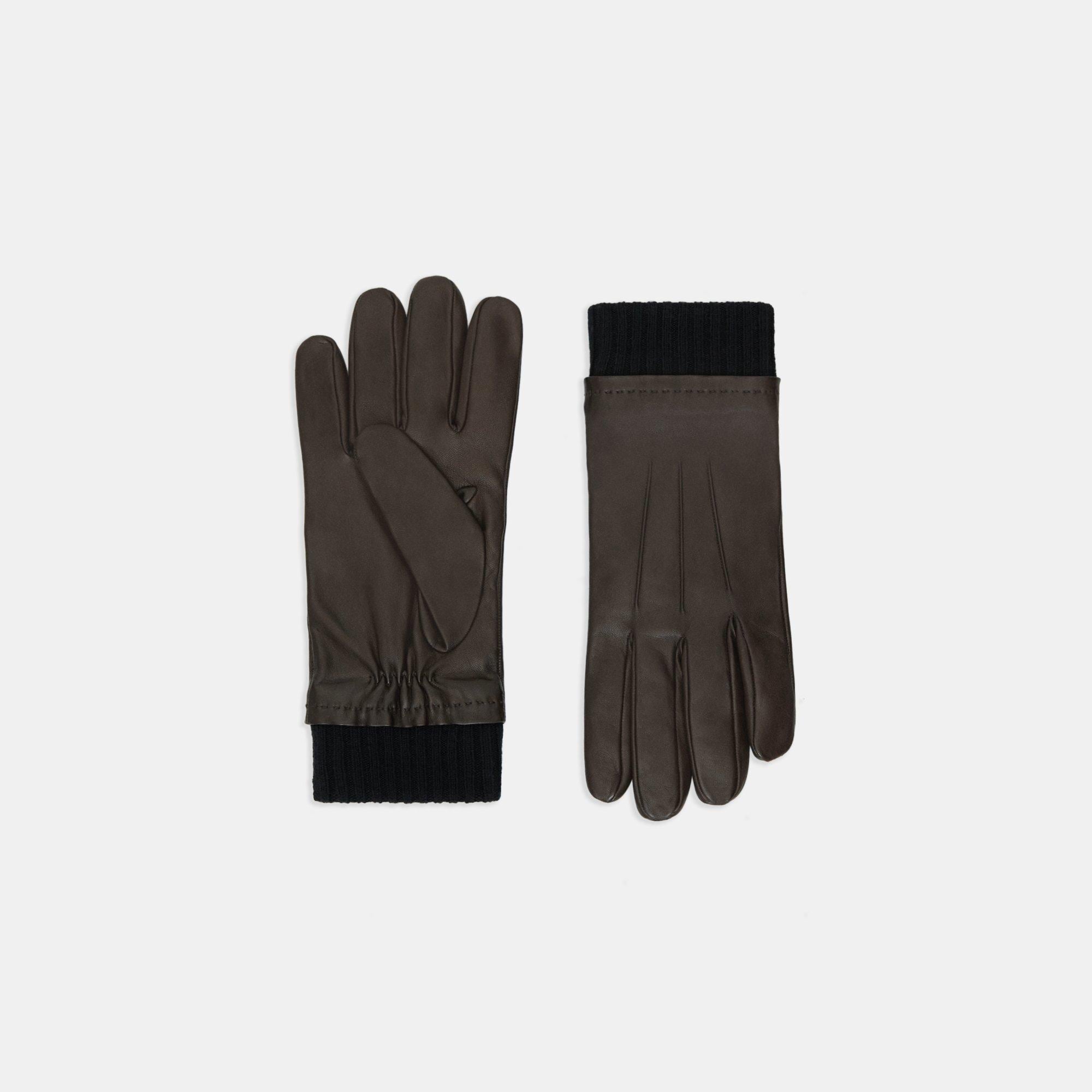 띠어리 Theory Ribbed Cuff Gloves in Leather,DARK BROWN