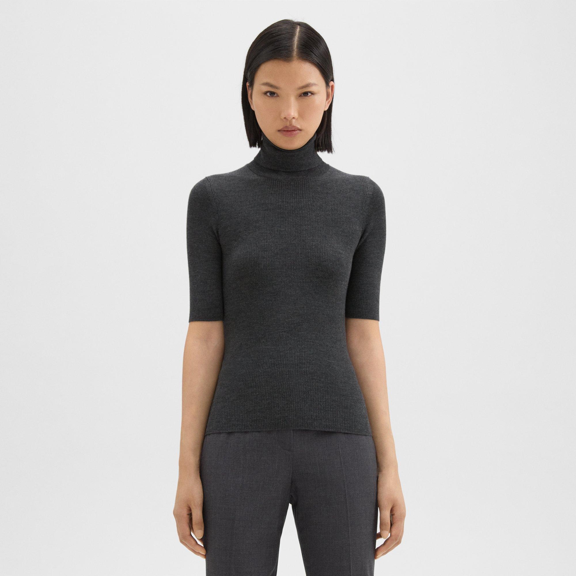 띠어리 Theory Leenda Short-Sleeve Turtleneck in Regal Wool,DARK CHARCOAL