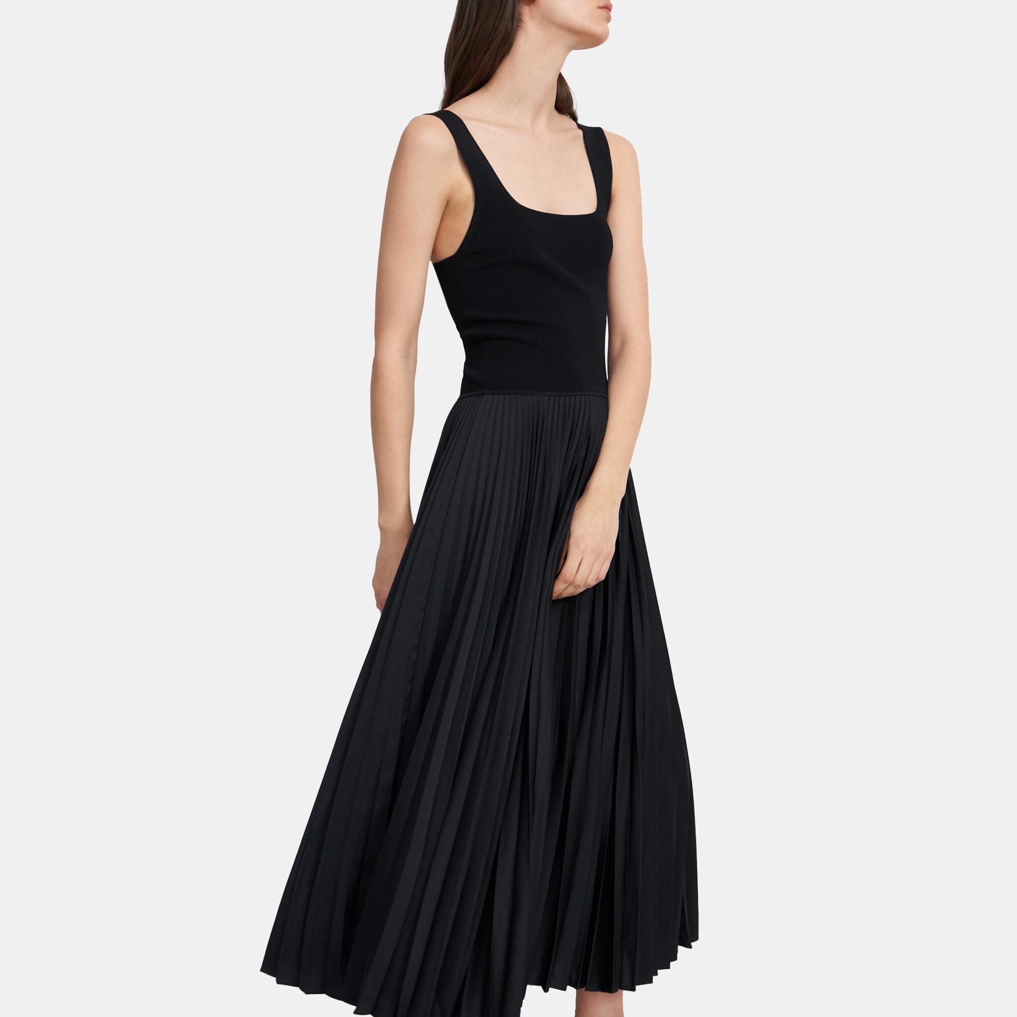 Crepe Pleated Square Neck Dress | Theory Outlet