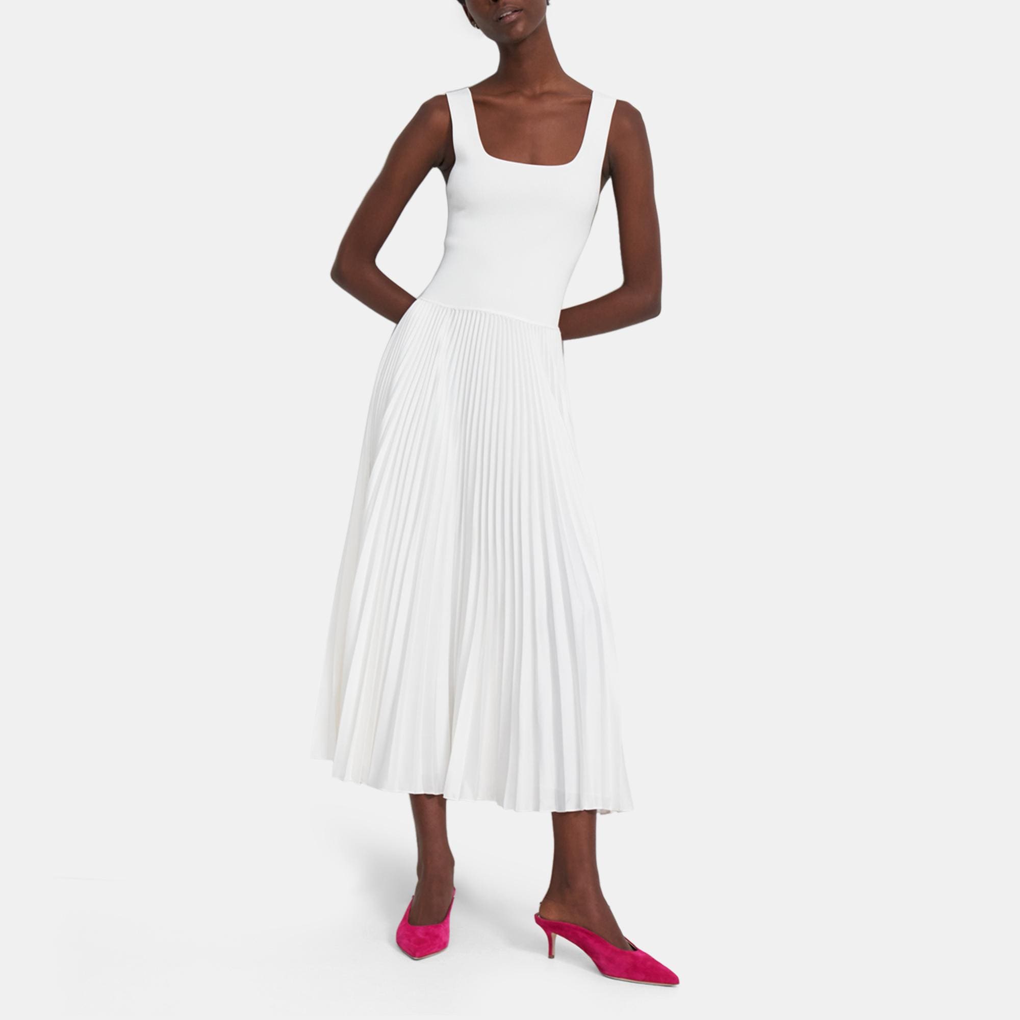 Pleated Square Neck Dress in Crepe - Theory Outlet Official Site