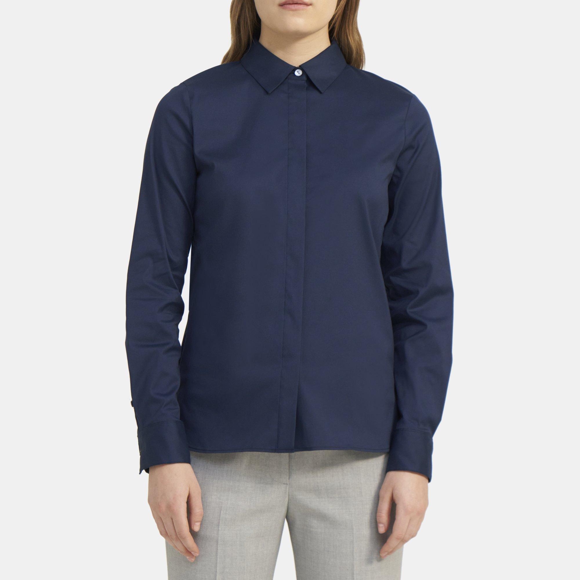 Women's Navy Fitted Cotton Stretch Shirt With Concealed Placket