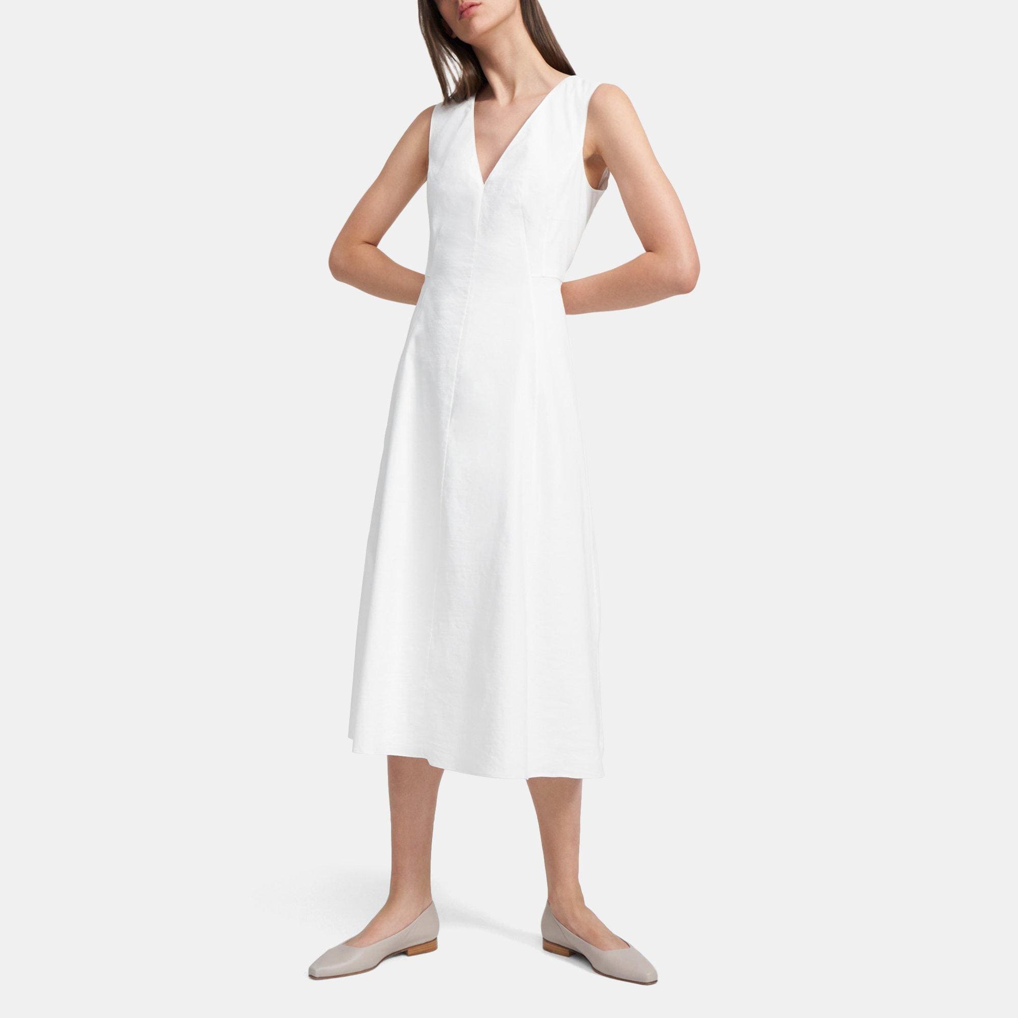 Stretch Linen Seamed V-Neck Dress | Theory Outlet