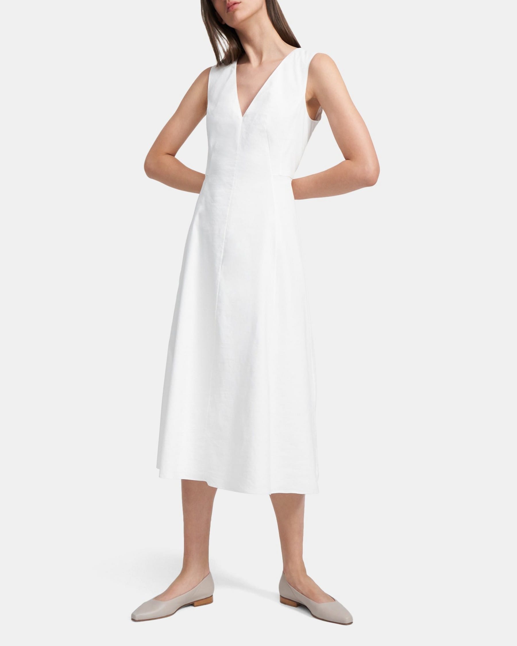 Theory Seamed V-Neck Dress in Stretch Linen