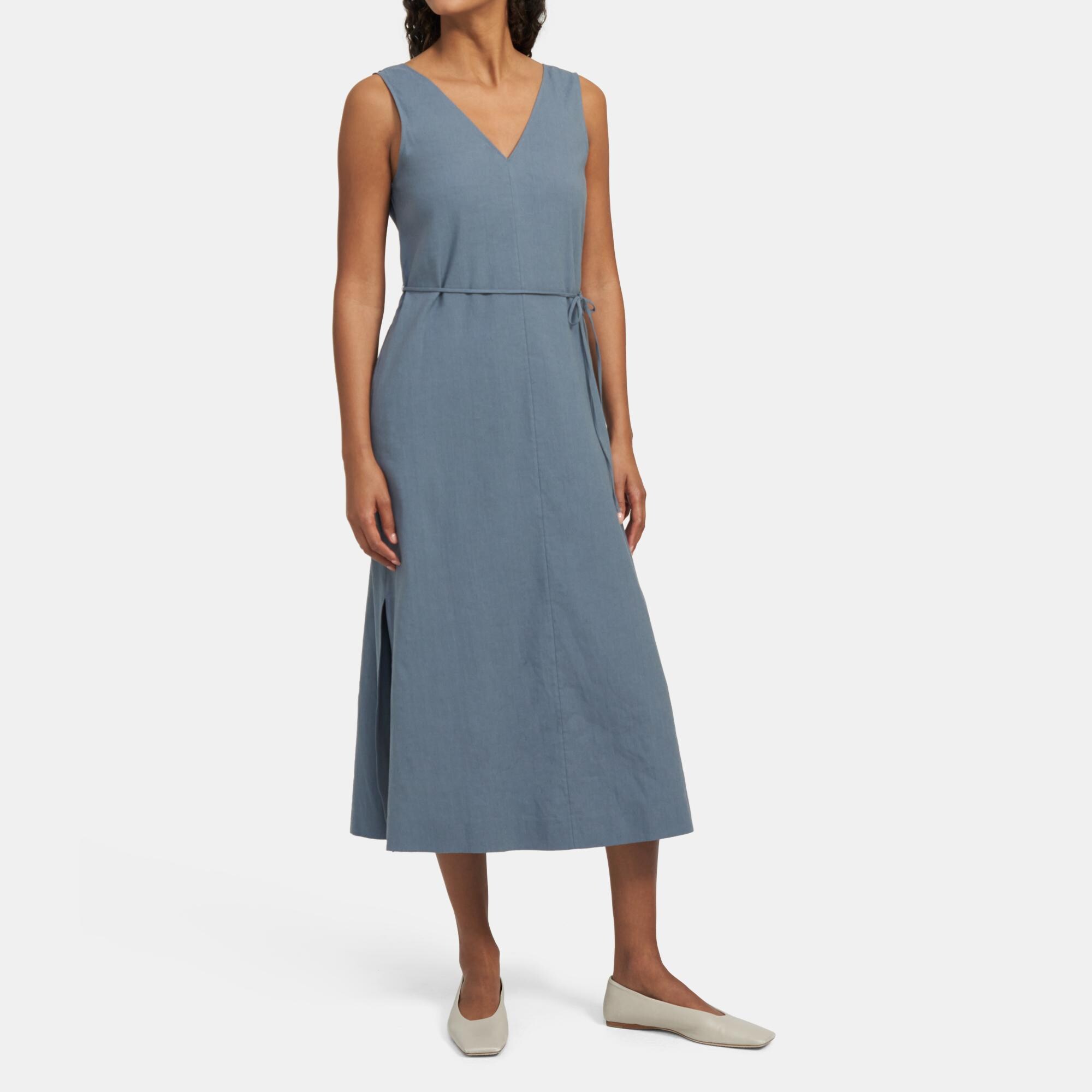 Linen Blend Deep V Midi Dress | Theory