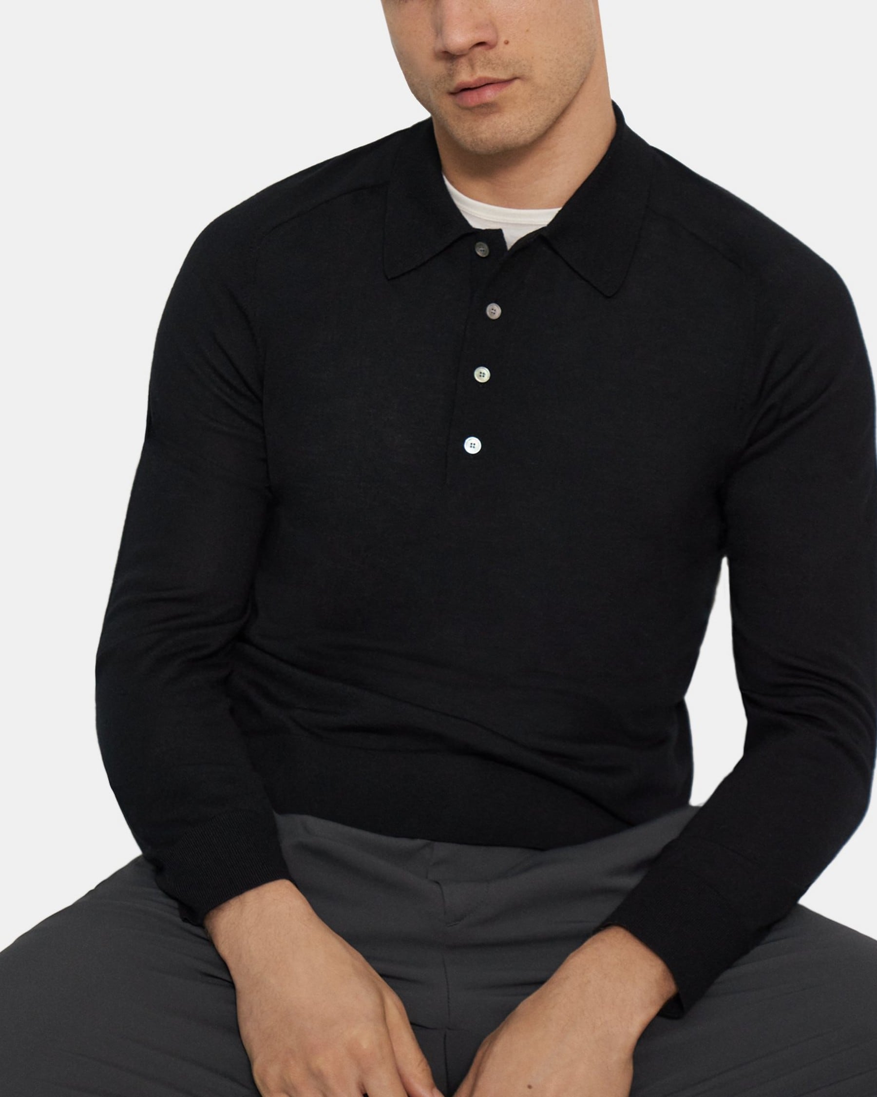 Theory Long-Sleeve Polo Shirt in Merino Wool
