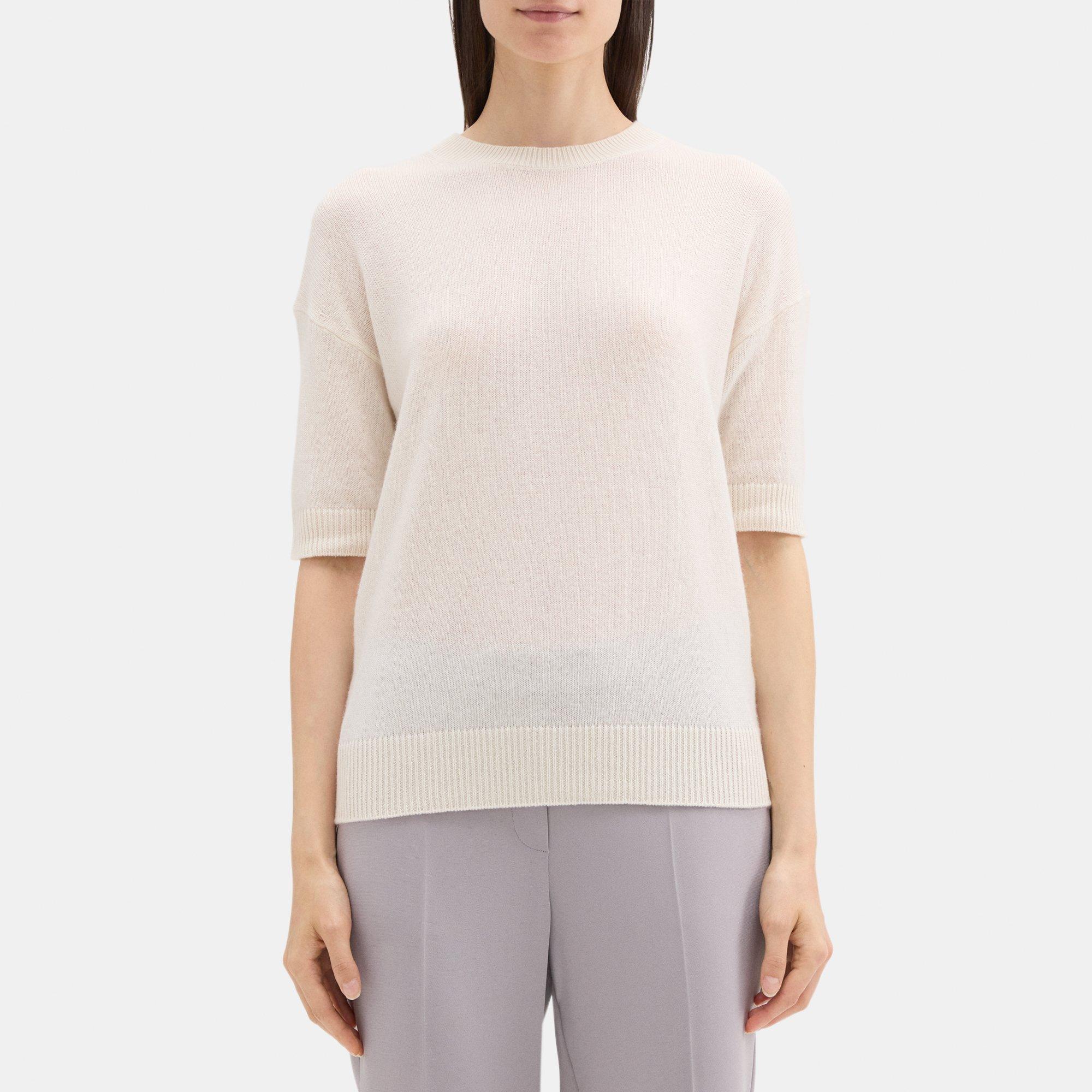 띠어리 Theory Short-Sleeve Sweater in Cashmere,IVORY