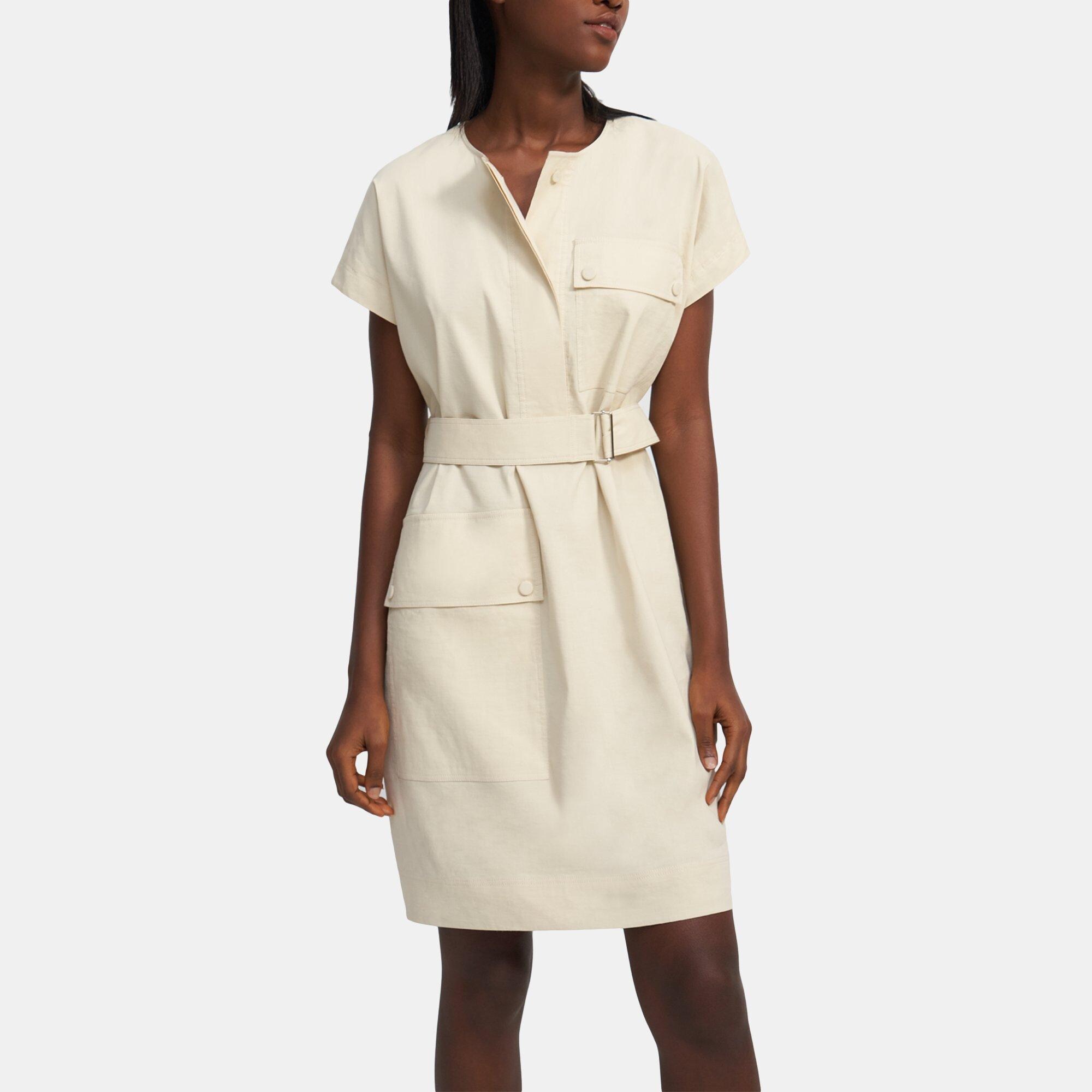 Stretch Linen Crewneck Utility Dress | Theory