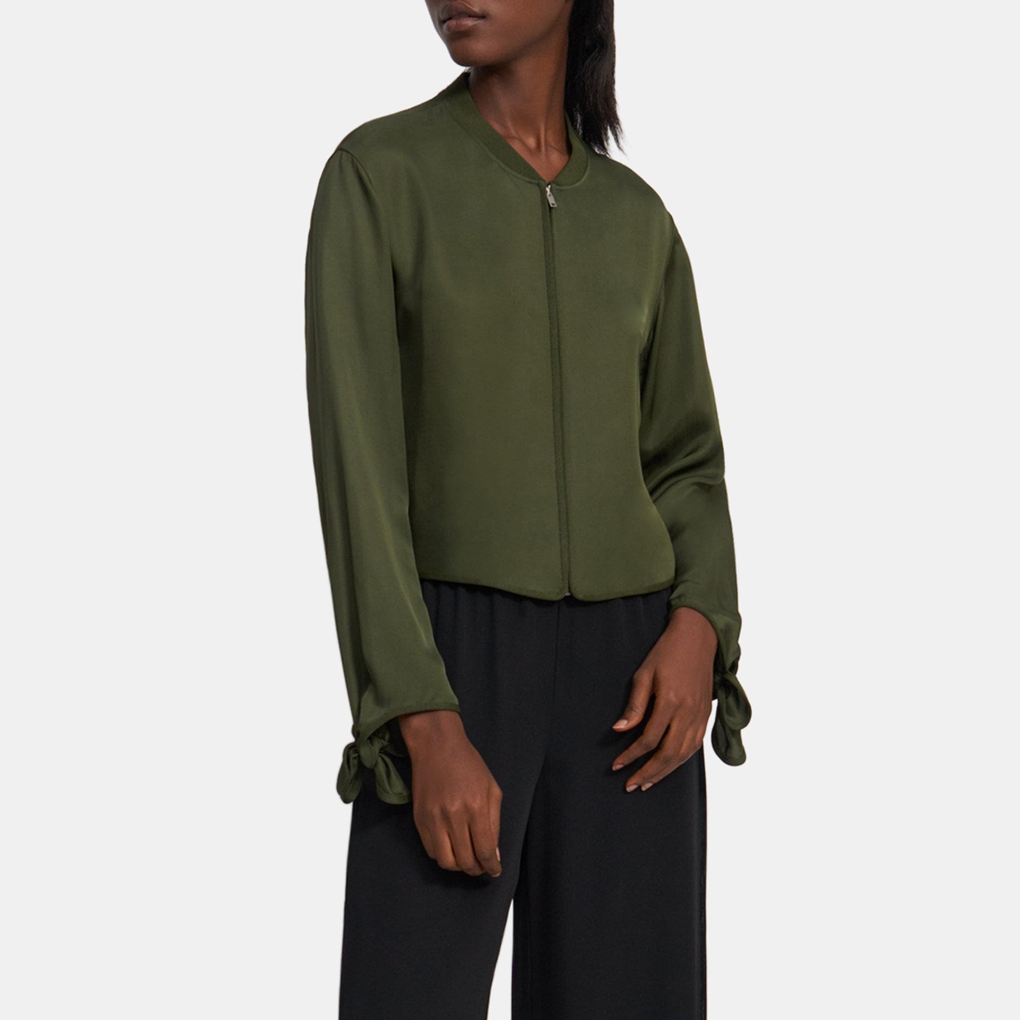 Tied-Sleeve Bomber Jacket in Viscose Twill