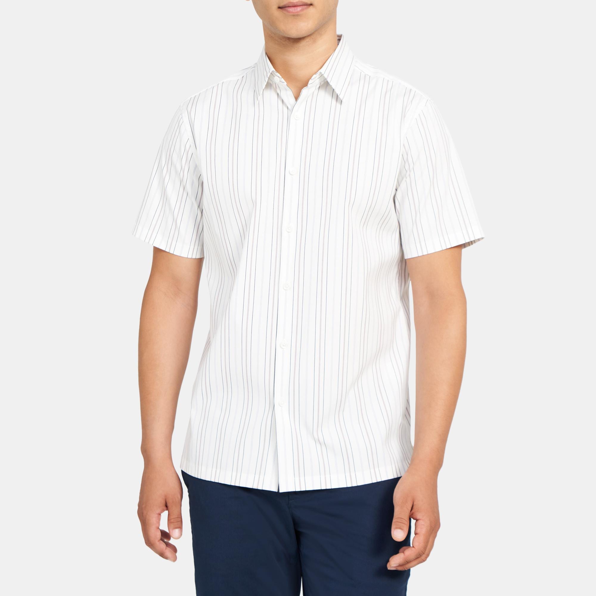 띠어리 Theory Standard-Fit Short-Sleeve Shirt in Striped Stretch Cotton,WHITE MULTI