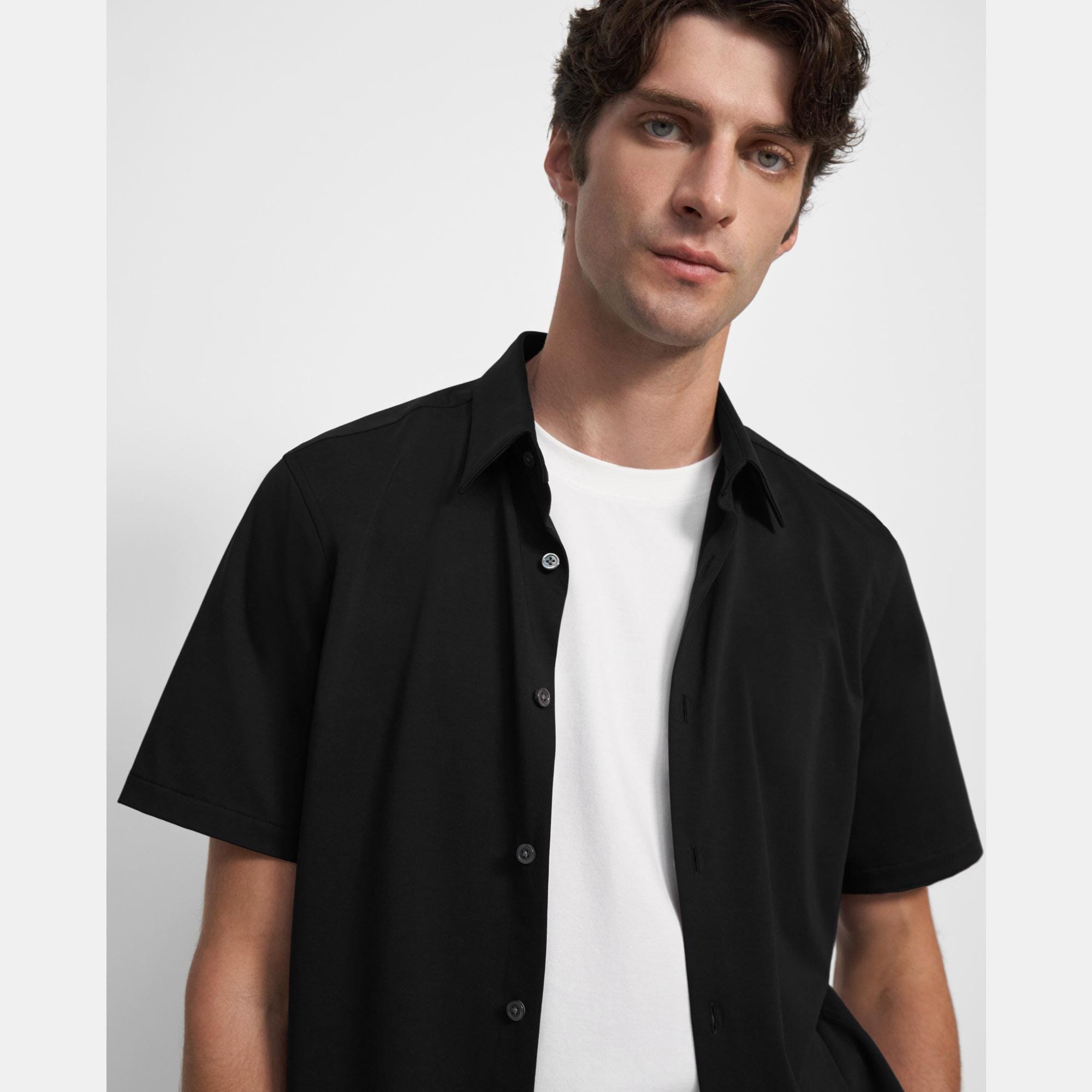 띠어리 Theory Irving Short-Sleeve Shirt in Structure Knit,BLACK
