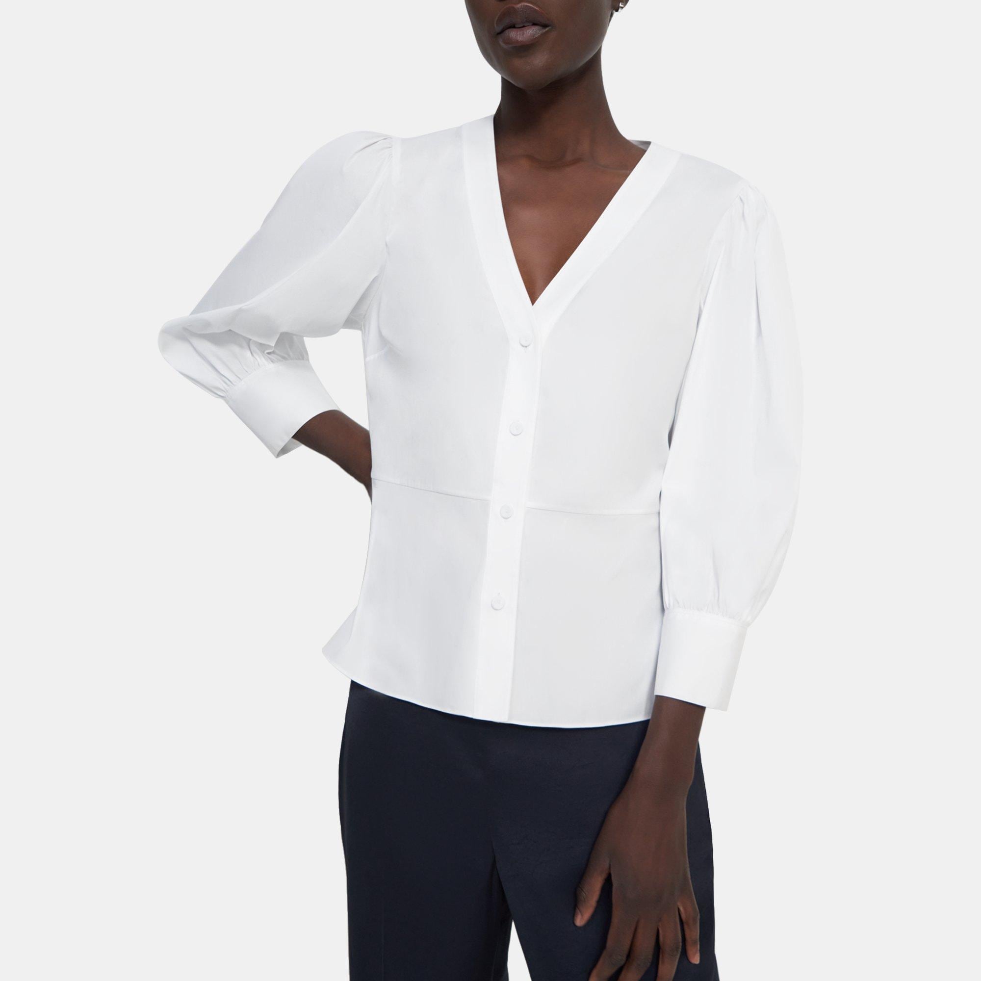 Stretch Cotton Gathered-Sleeve Top | Theory