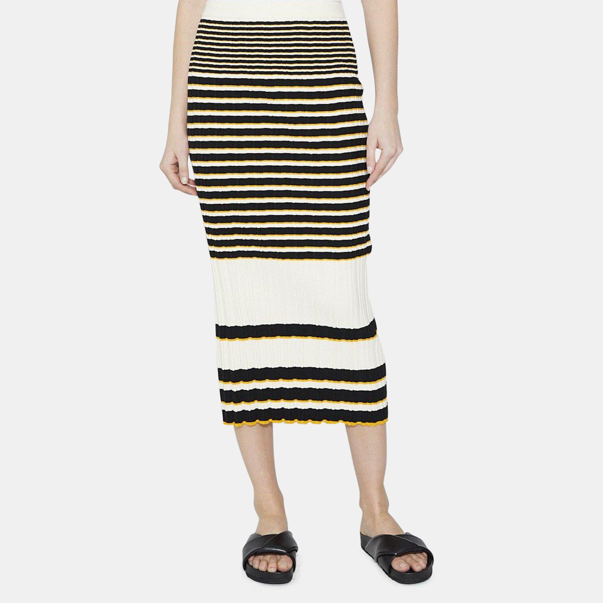 띠어리 Theory Striped Midi Skirt in Cotton Blend Rib Knit,SOAP/BLACK/AMBER