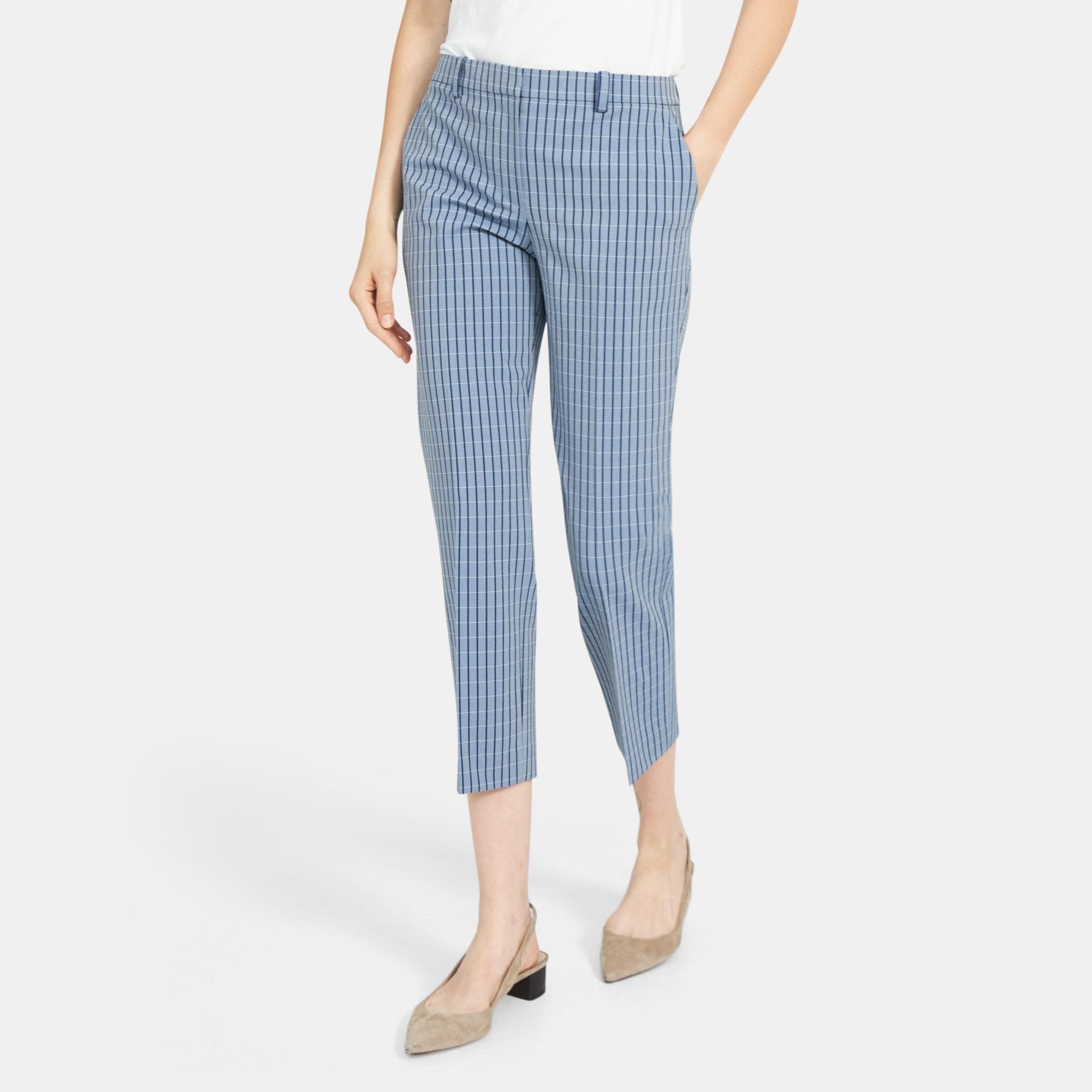 Theory Slim Cropped Pant in Grid Stretch Viscose