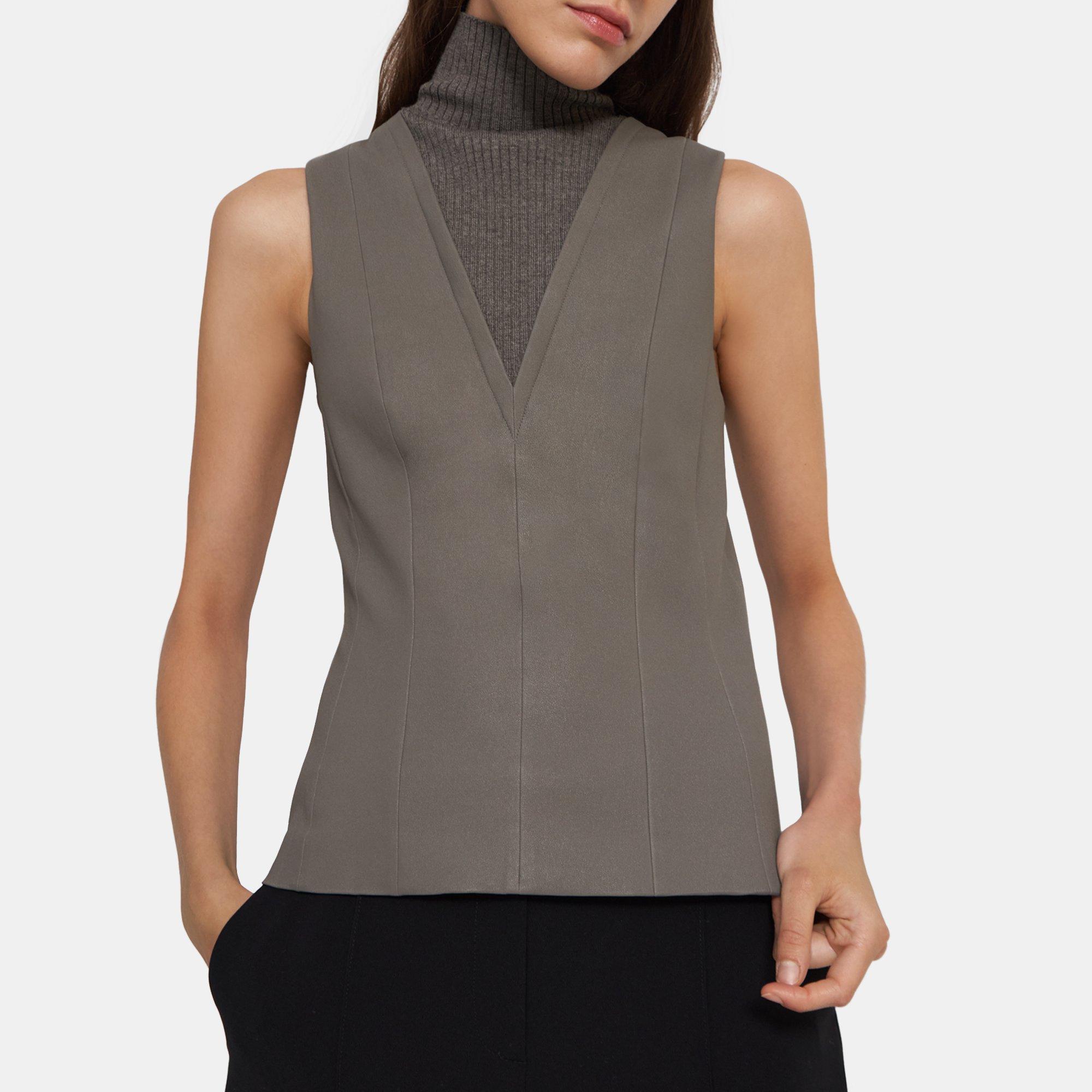 Leather Combo Sleeveless Turtleneck Top | Theory