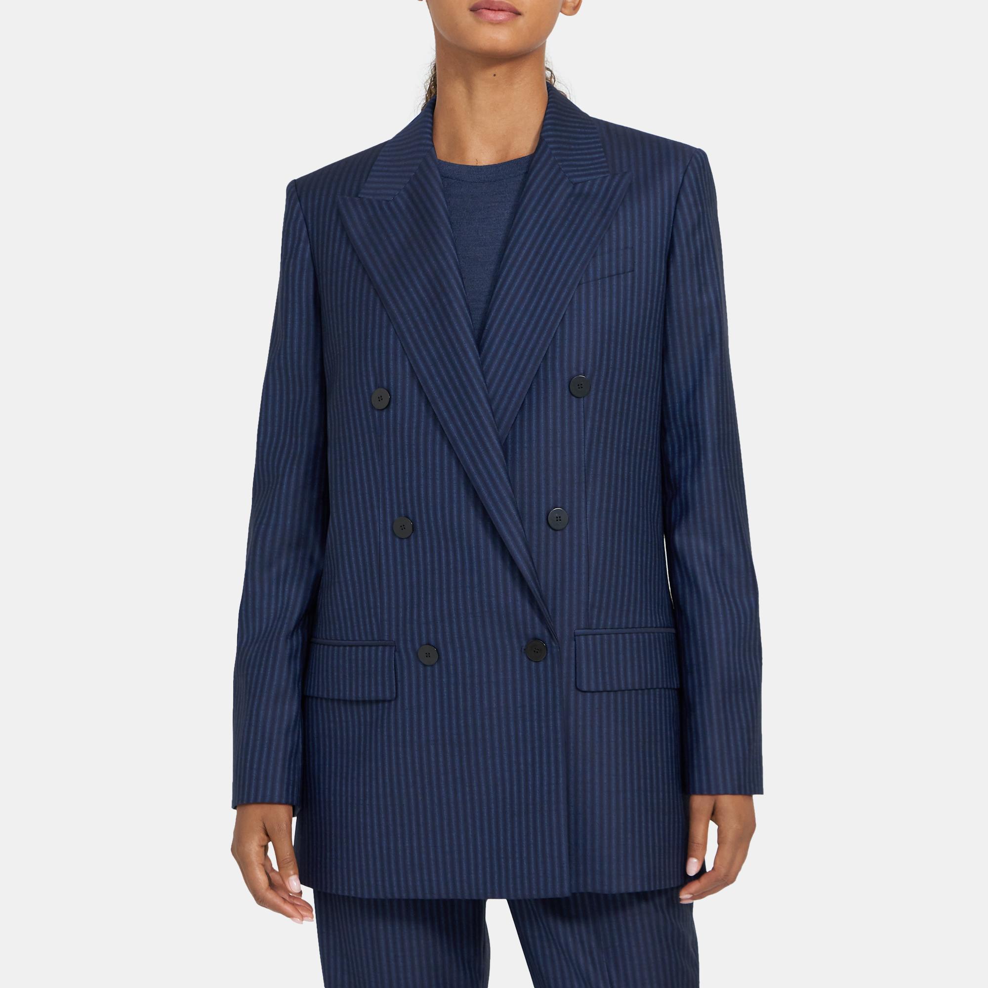 띠어리 Theory Straight Double-Breasted Jacket in Striped Wool,NAVY SAPPHIRE STRIPE