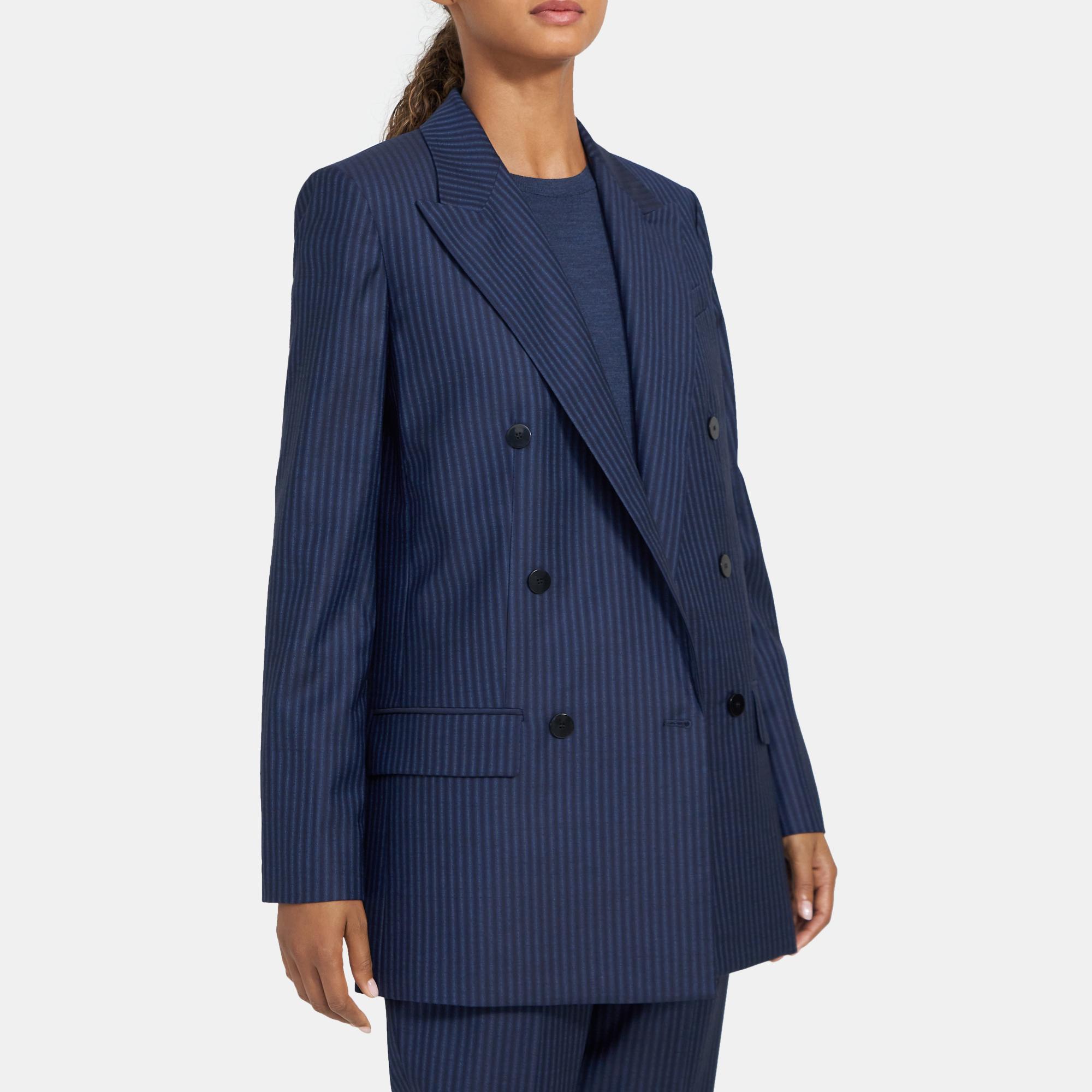 Straight Double-Breasted Jacket in Striped Wool