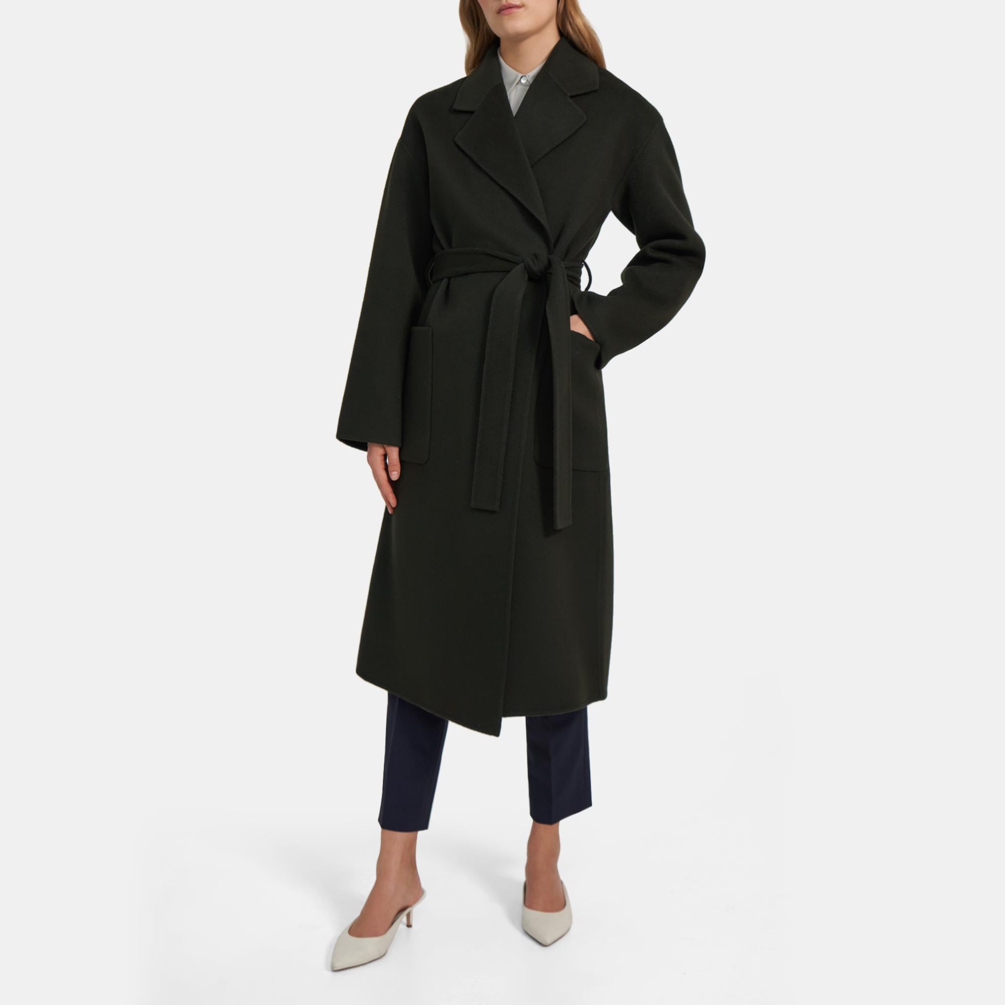 Relaxed wool blend robe coat with belt - Black