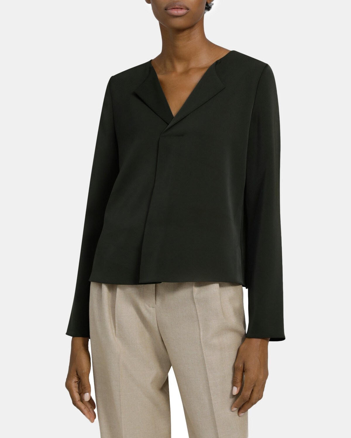 Fold-Over Long-Sleeve Top in Matte Twill