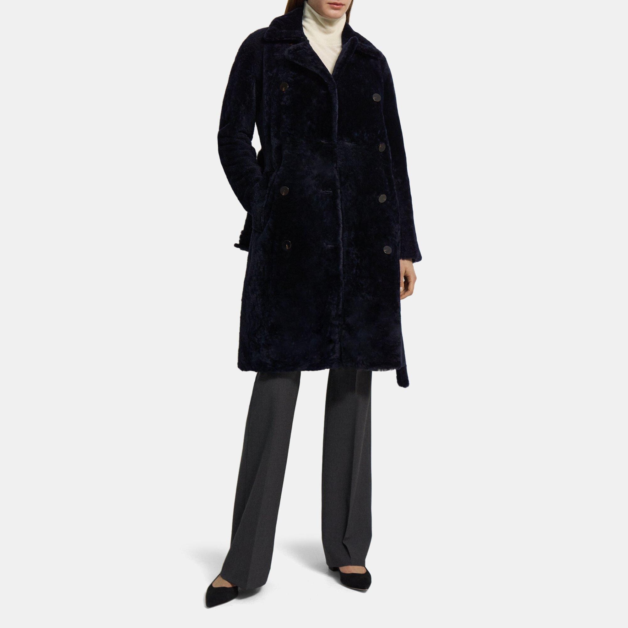 Theory Double-Breasted Trench Coat in Shearling