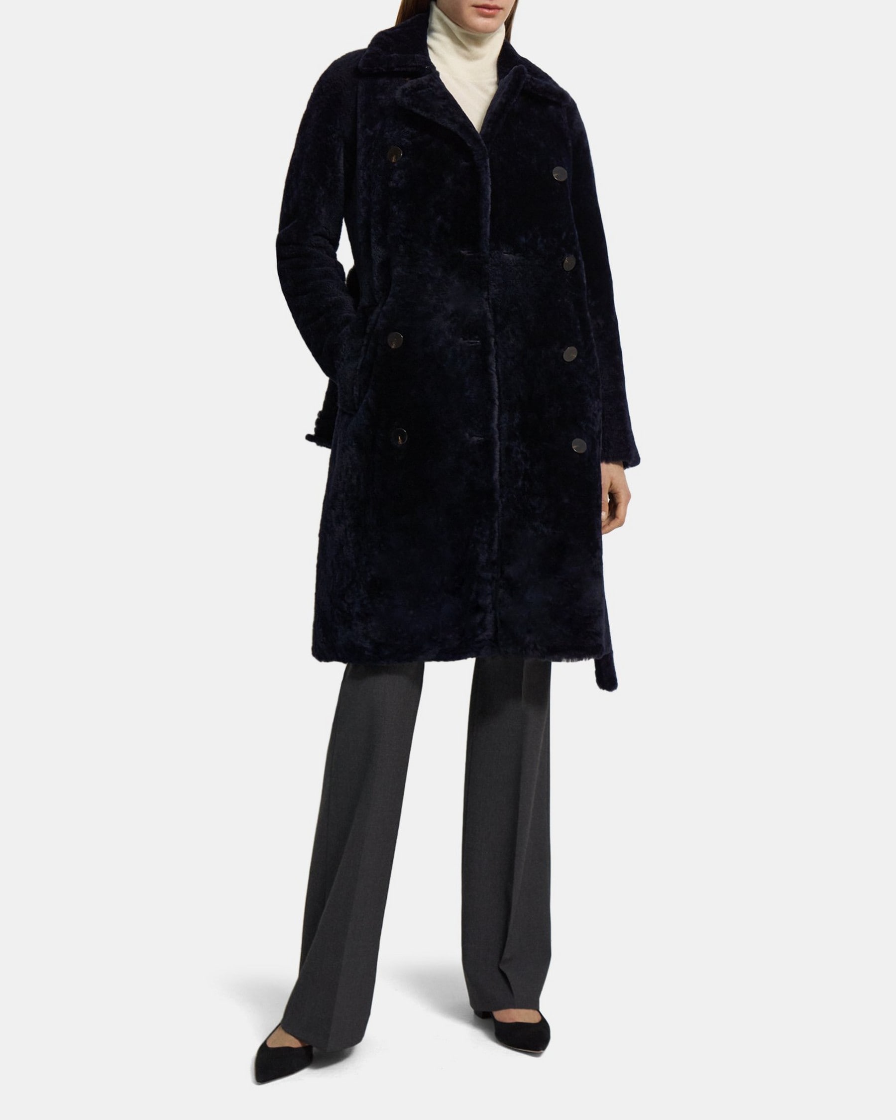Double-Breasted Trench Coat in Shearling