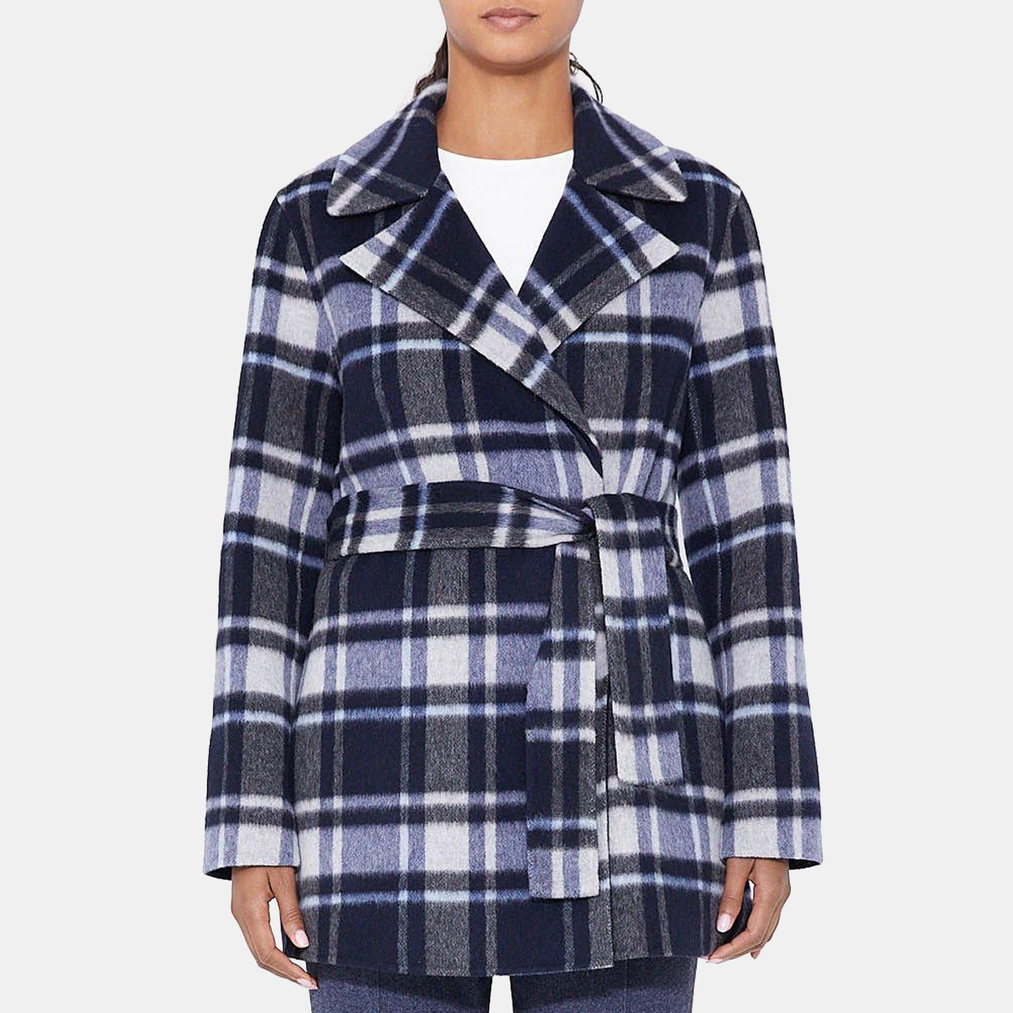 Theory Belted Wrap Coat in Plaid Wool-Blend