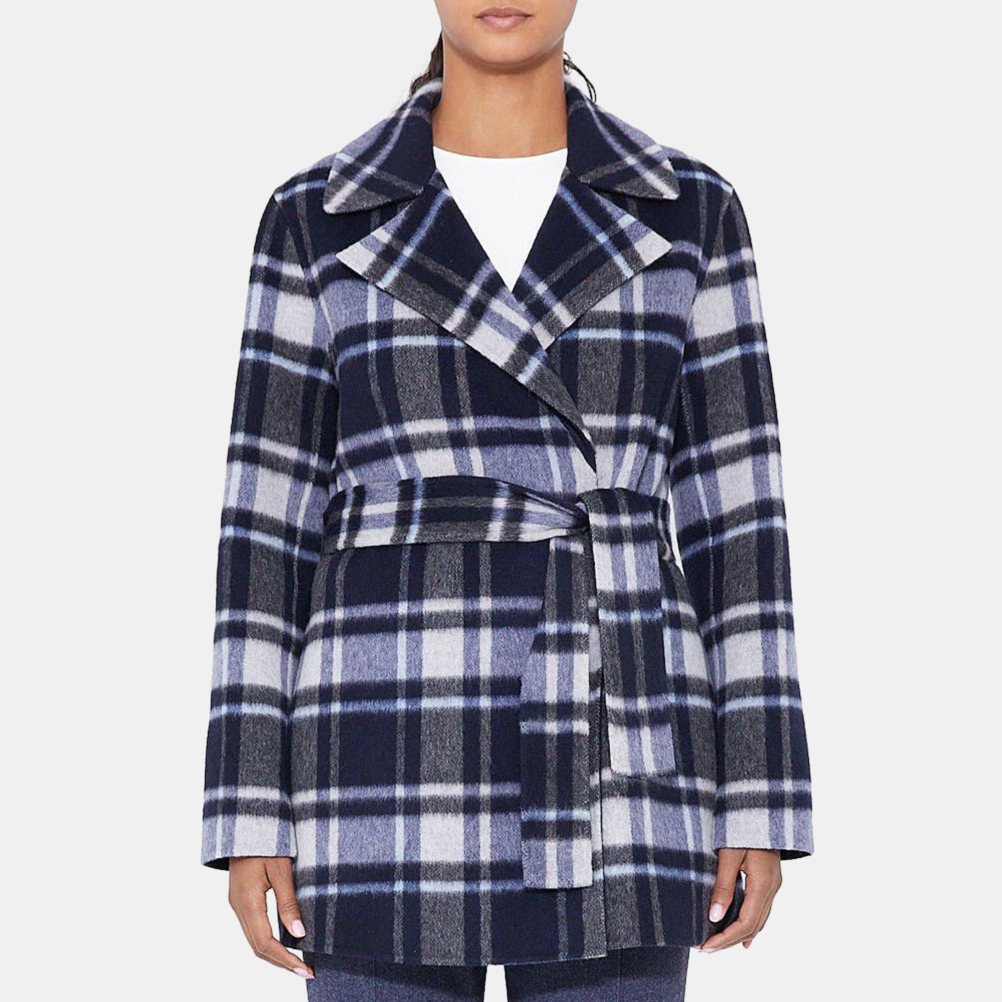 띠어리 Theory Belted Wrap Coat in Plaid Wool-Blend,MULTI