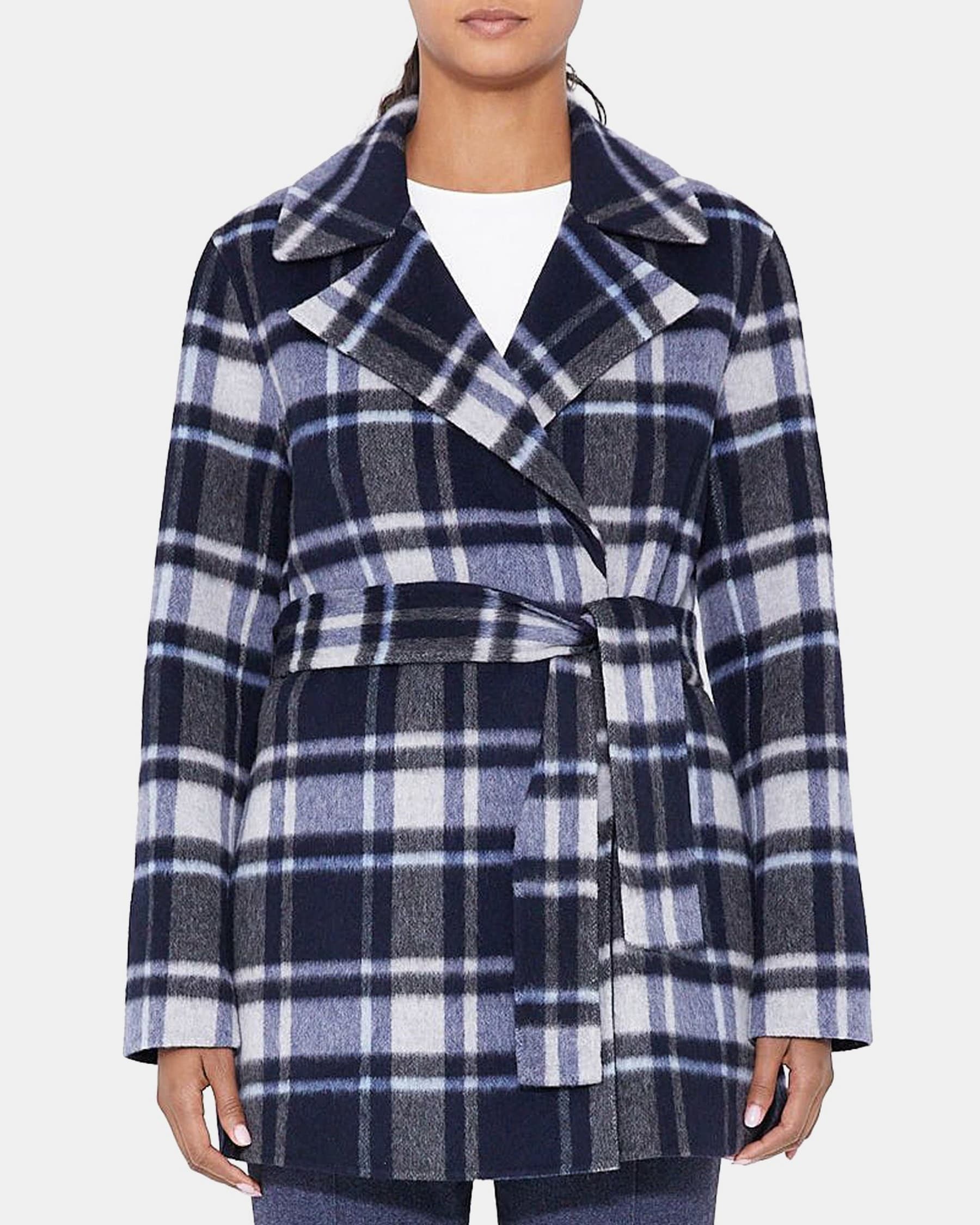 Theory Belted Wrap Coat in Plaid Wool-Blend