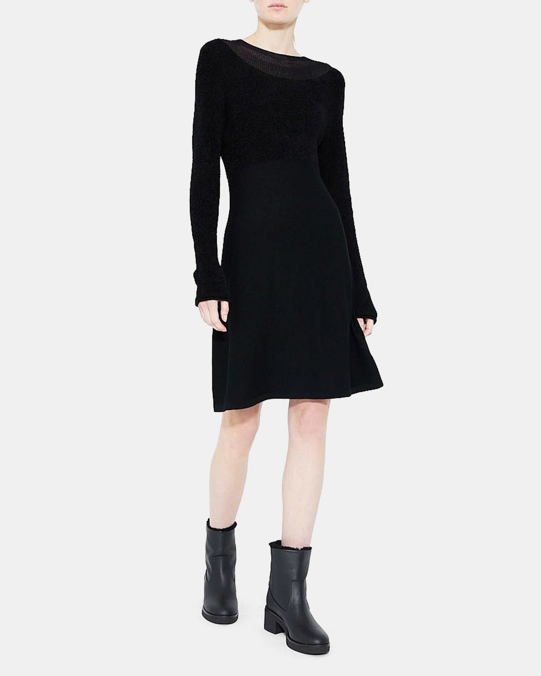 Fit-and-Flare Combo Dress in Merino Wool