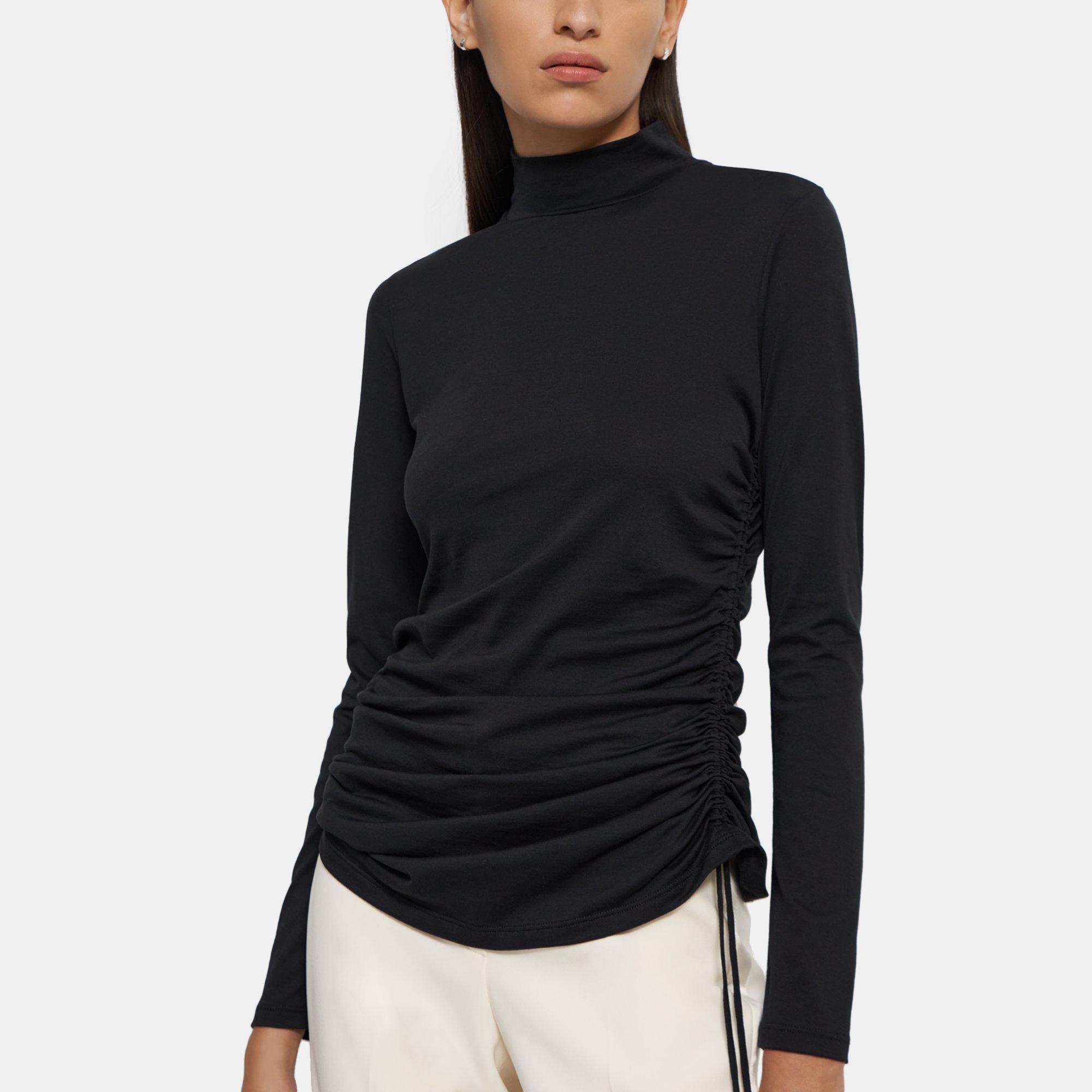 Cotton Ruched Mock Neck Tee