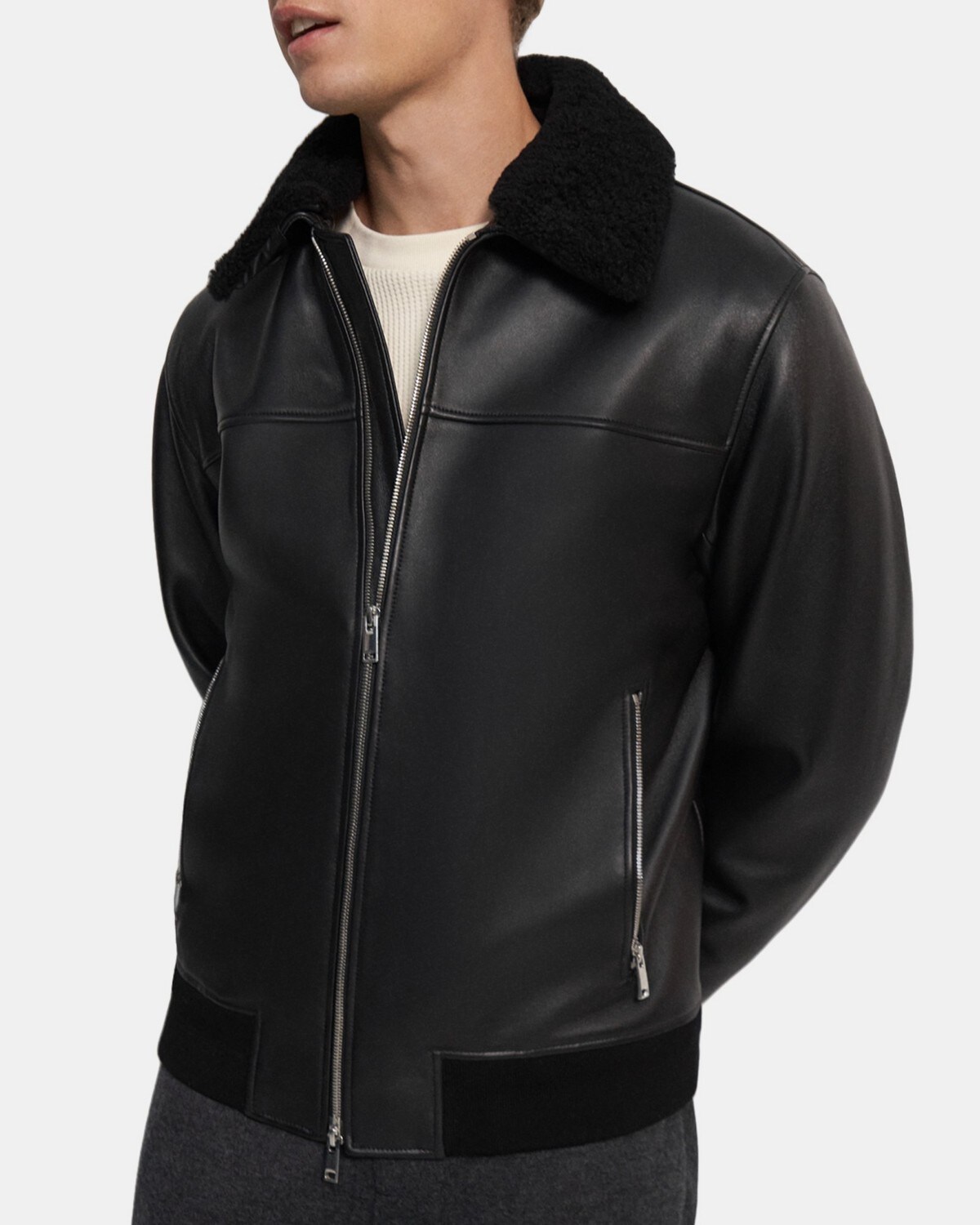 띠어리 맨 보머 재킷 Theory Bomber Jacket in Leather,BLACK