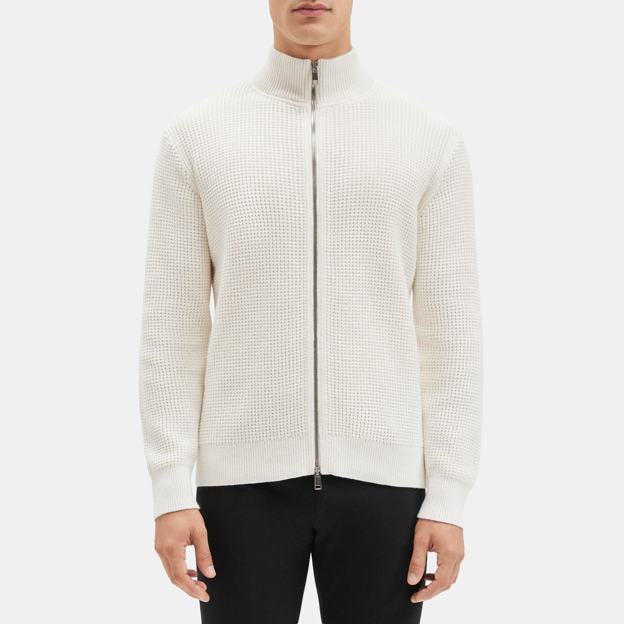 띠어리 Theory Full-Zip Sweater in Waffle Cotton-Cashmere,WHITE/BALTIC
