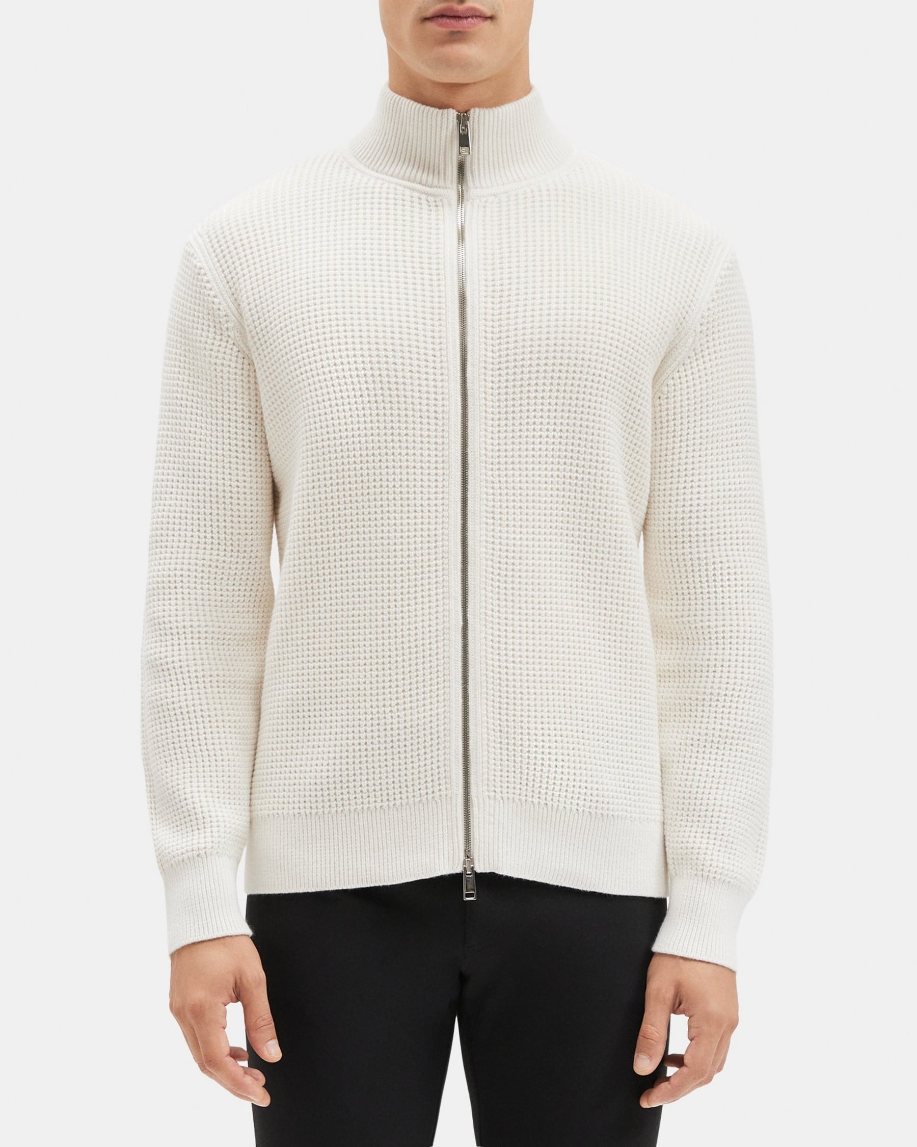 띠어리 Theory Full-Zip Sweater in Waffle Cotton-Cashmere,WHITE/BALTIC