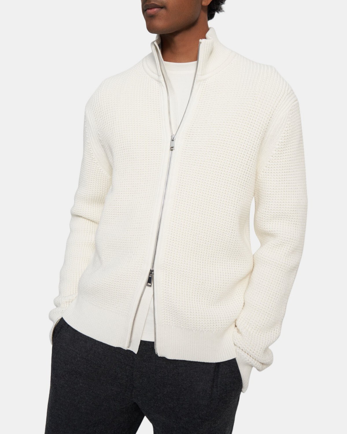 띠어리 맨 스웨터 Theory Full-Zip Sweater in Waffle Cotton-Cashmere,WHITE/SLEET BLUE