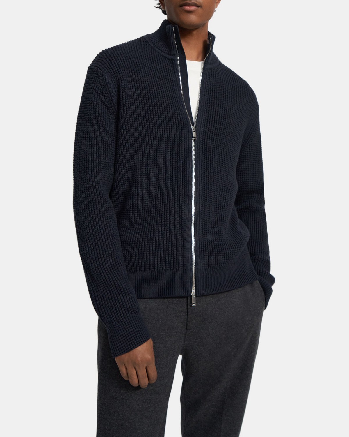 띠어리 맨 스웨터 Theory Full-Zip Sweater in Waffle Cotton-Cashmere,BALTIC/SLEET BLUE