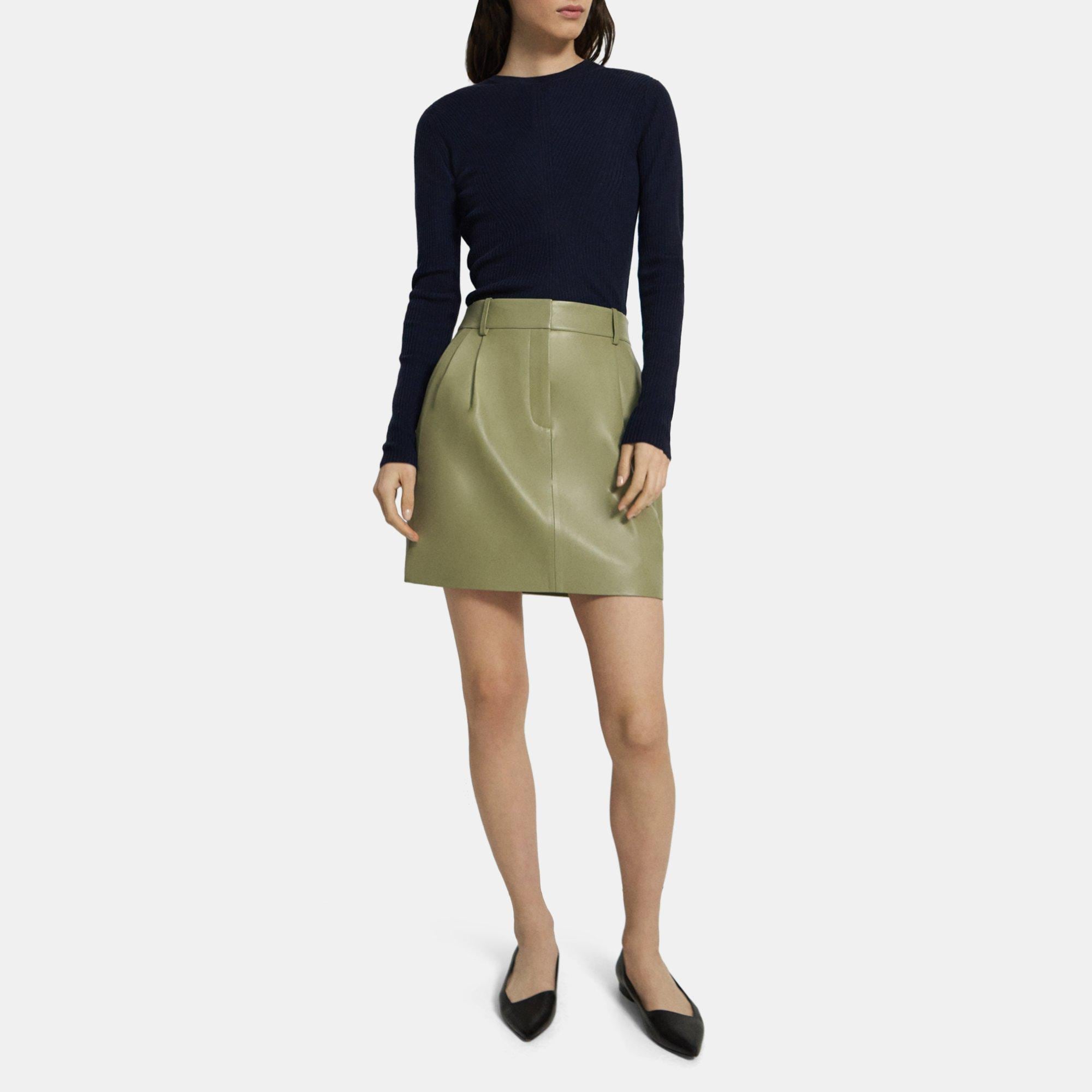 띠어리 Theory Pleat Mini Skirt in Leather,SOFT SAGE