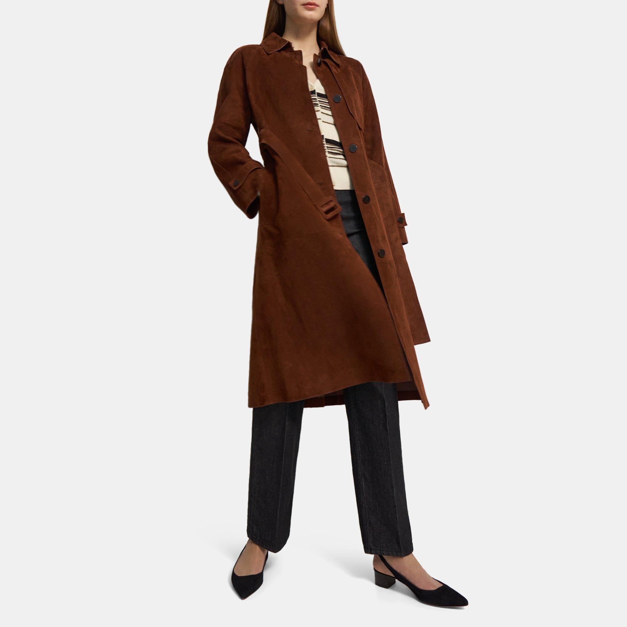 띠어리 Theory Belted Trench Coat in Cotton-Bonded Suede,BRANDY