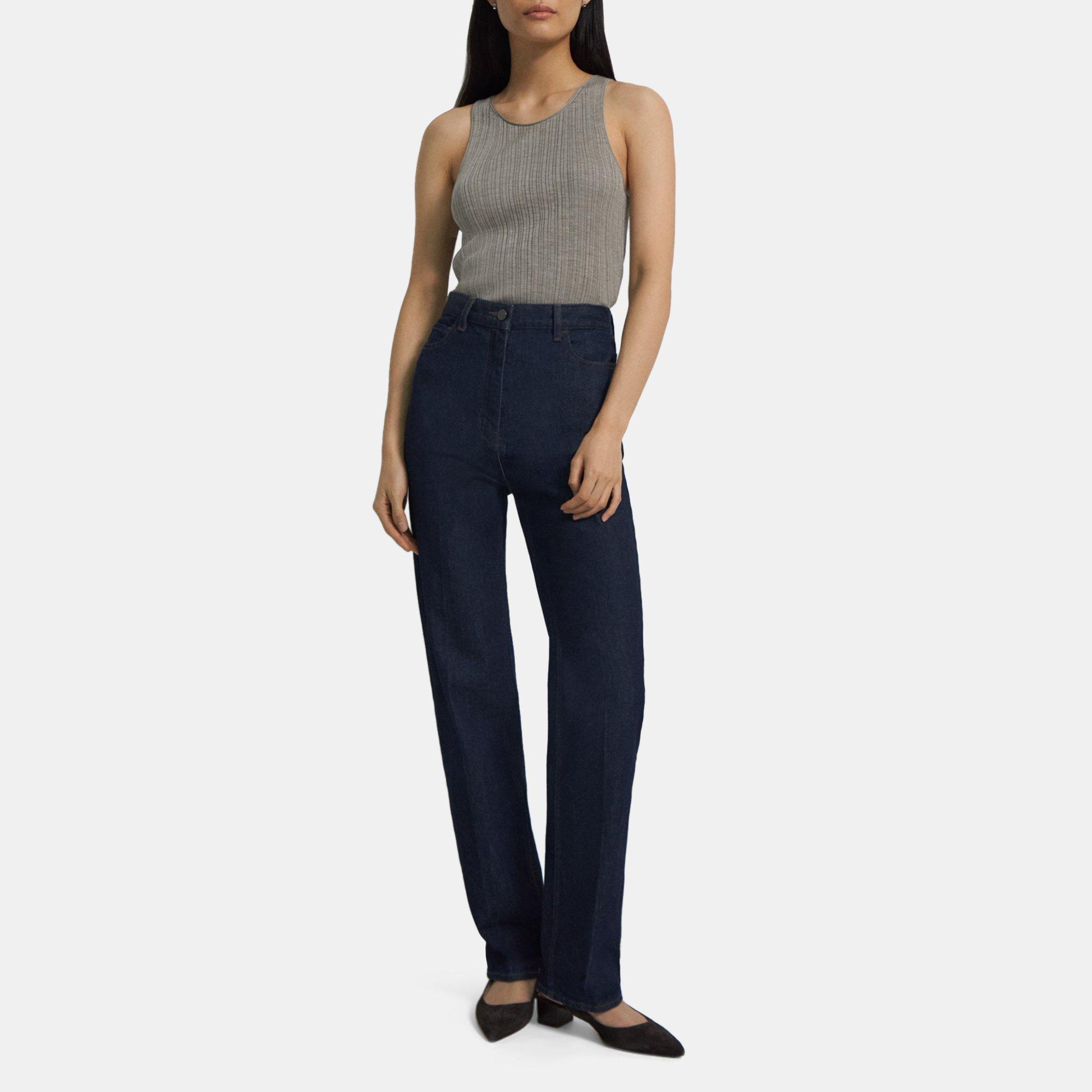 띠어리 Theory High-Waisted 5-Pocket Jean in Washed Denim,INDIGO